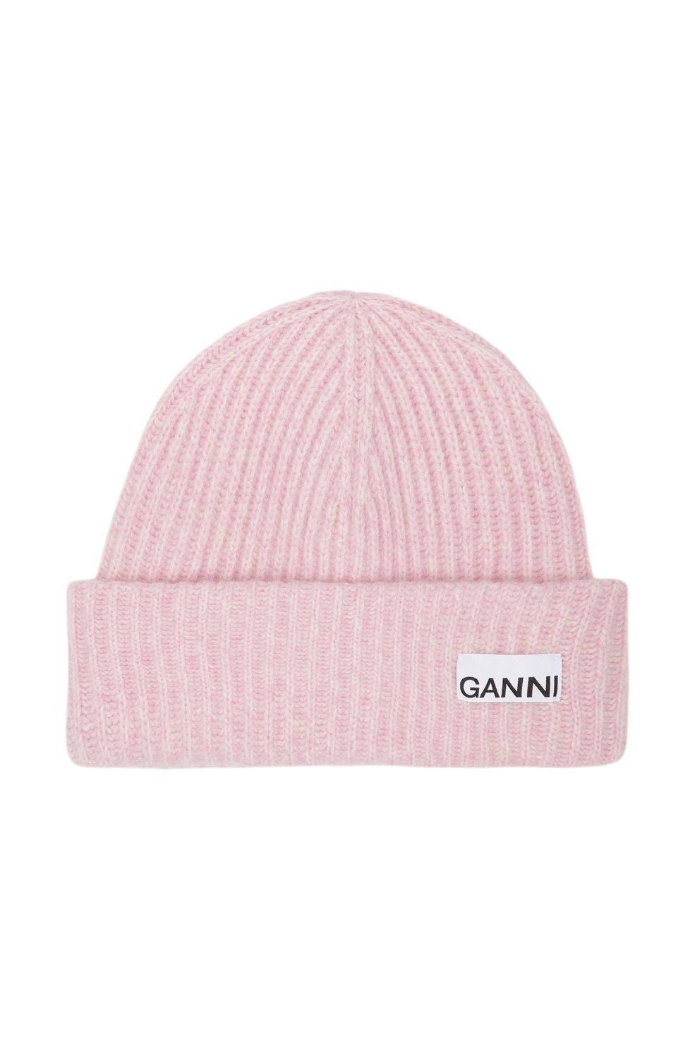 GANNI Wool Beanie with Logo Patch - Turn-Up Hem