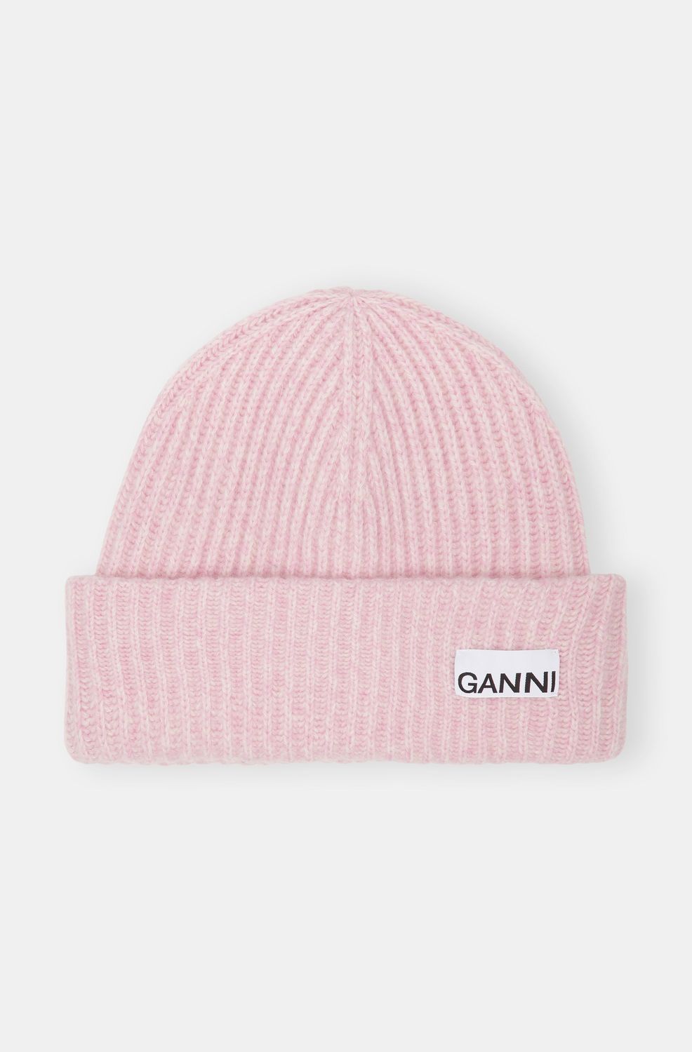 GANNI Wool Beanie with Logo Patch - Turn-Up Hem