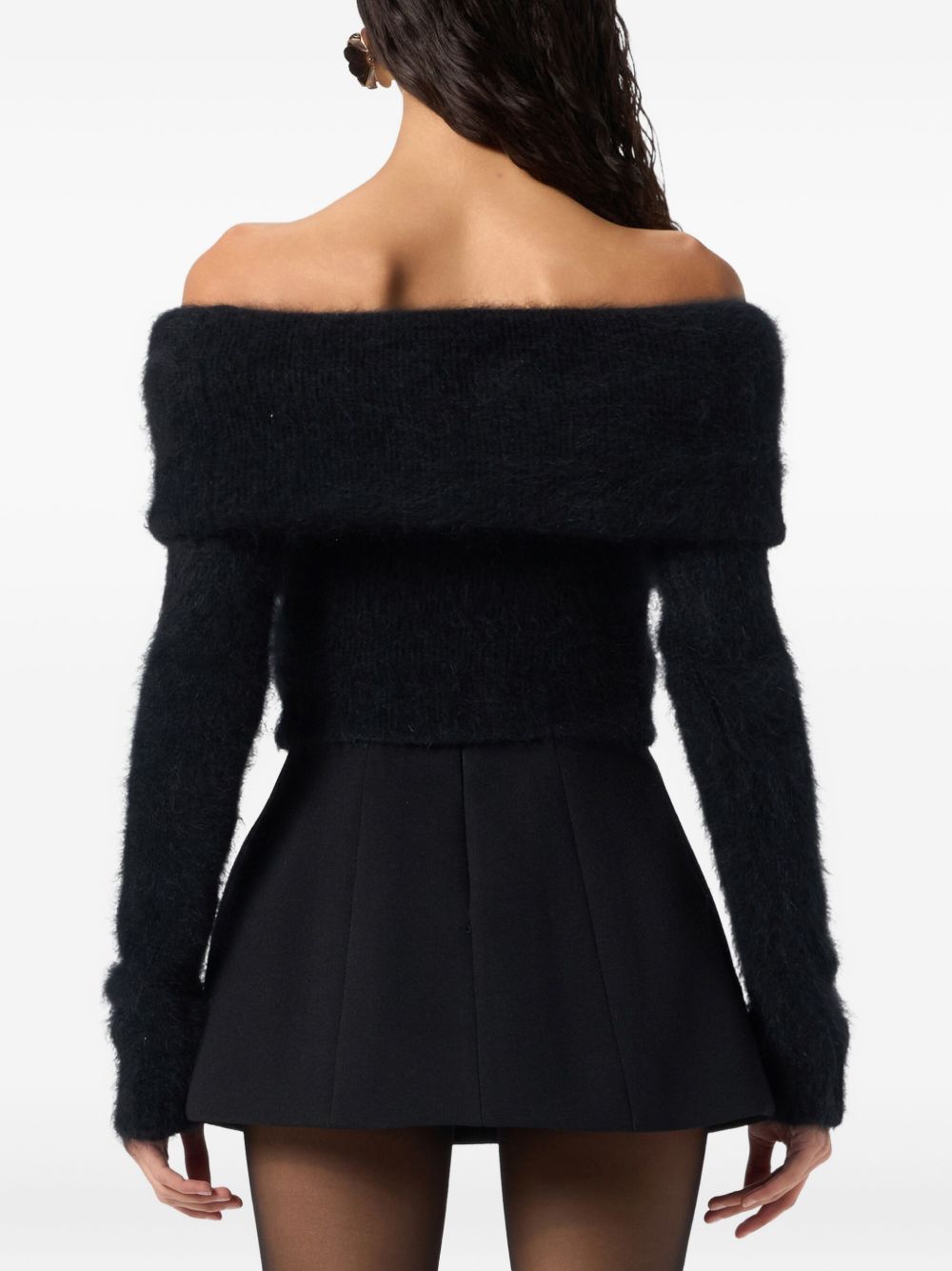 BLUMARINE Fuzzy Off-Shoulder Cropped Sweater with Floral Appliqué