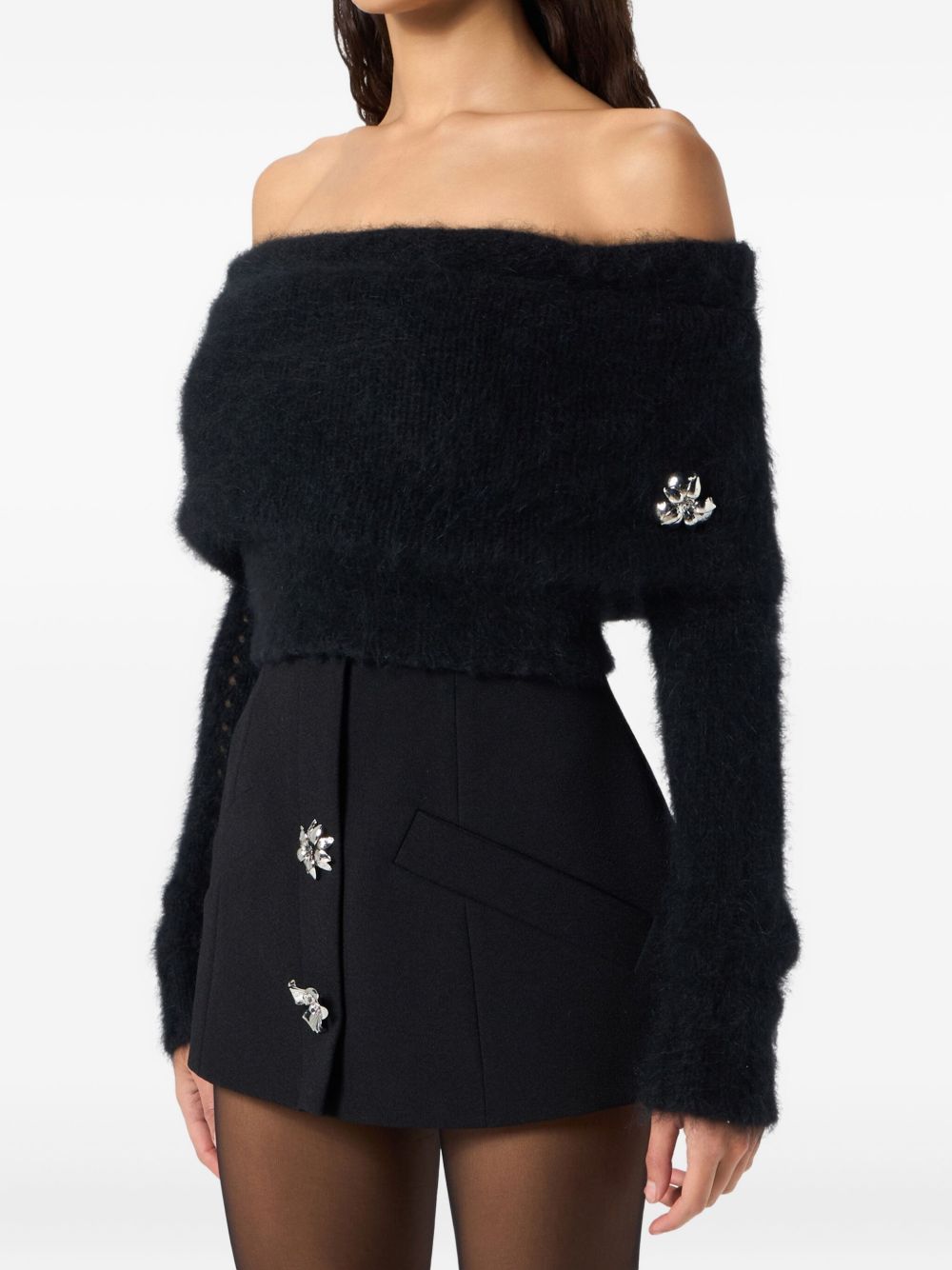 BLUMARINE Fuzzy Off-Shoulder Cropped Sweater with Floral Appliqué