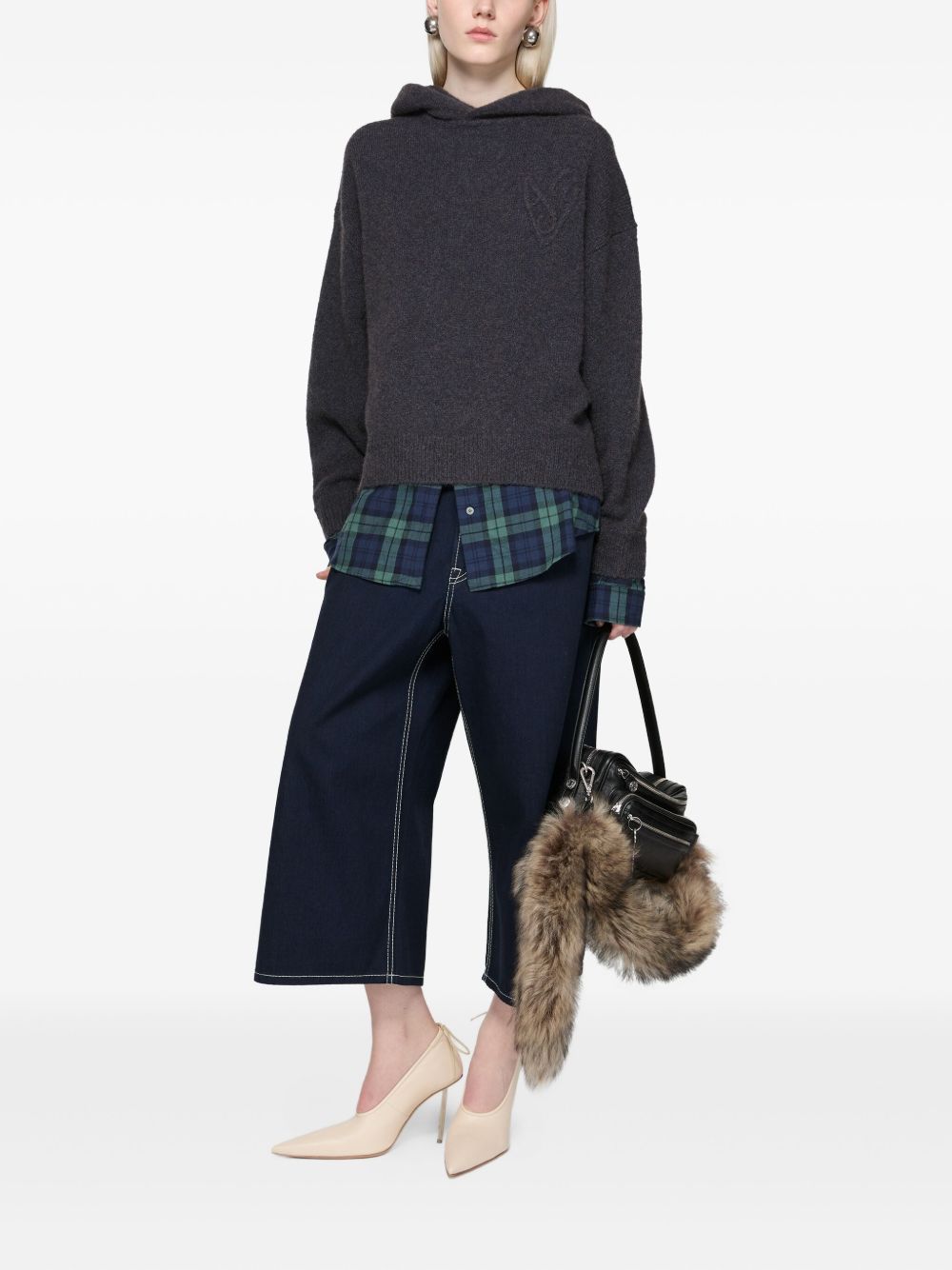 ACNE STUDIOS Hooded Sweater with Layered Plaid Detail