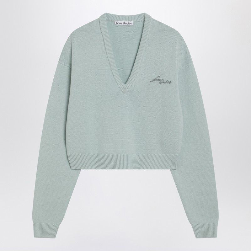 ACNE STUDIOS Faded Mint Wool V-Neck Sweater with Embroidered Detail