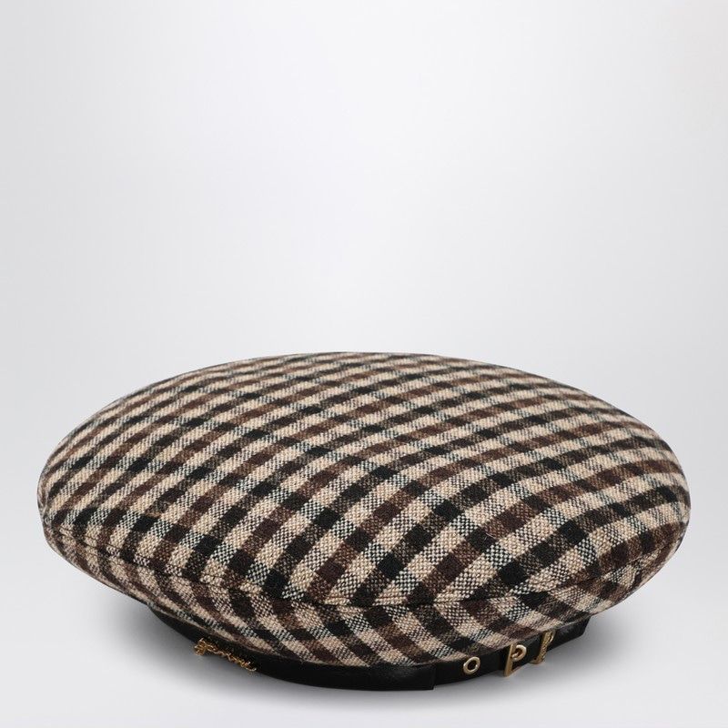 GANNI Check Wool Beret with Leather Trim