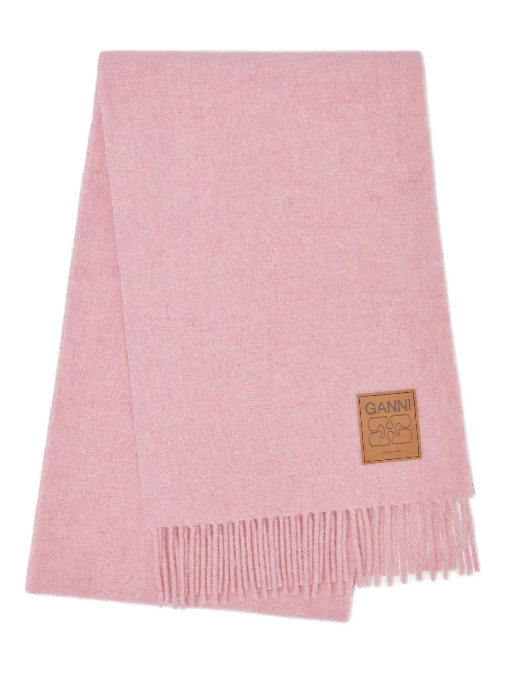 GANNI Fringed Scarf with Logo Patch