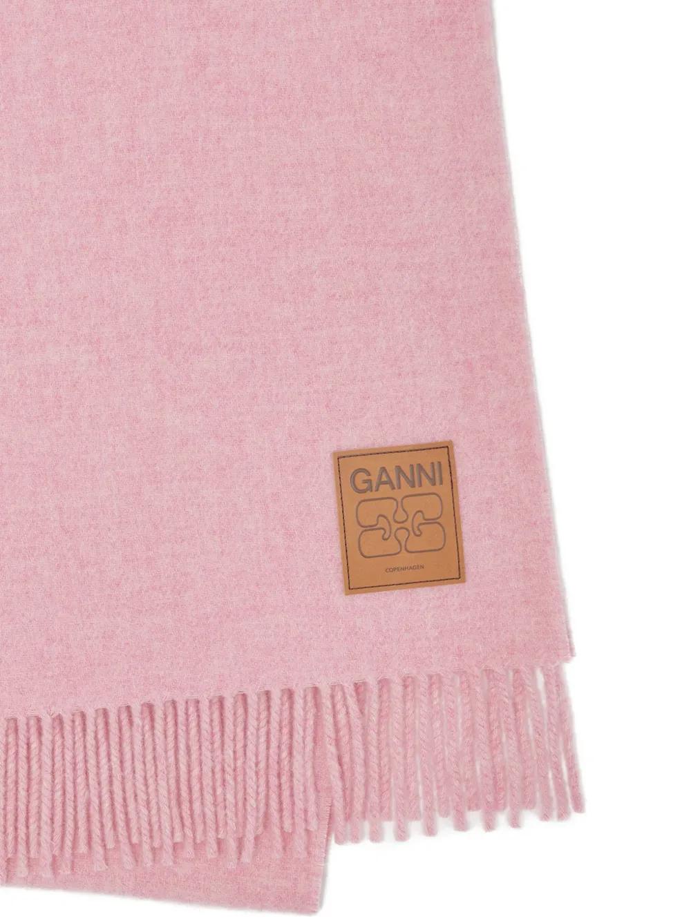 GANNI Fringed Scarf with Logo Patch