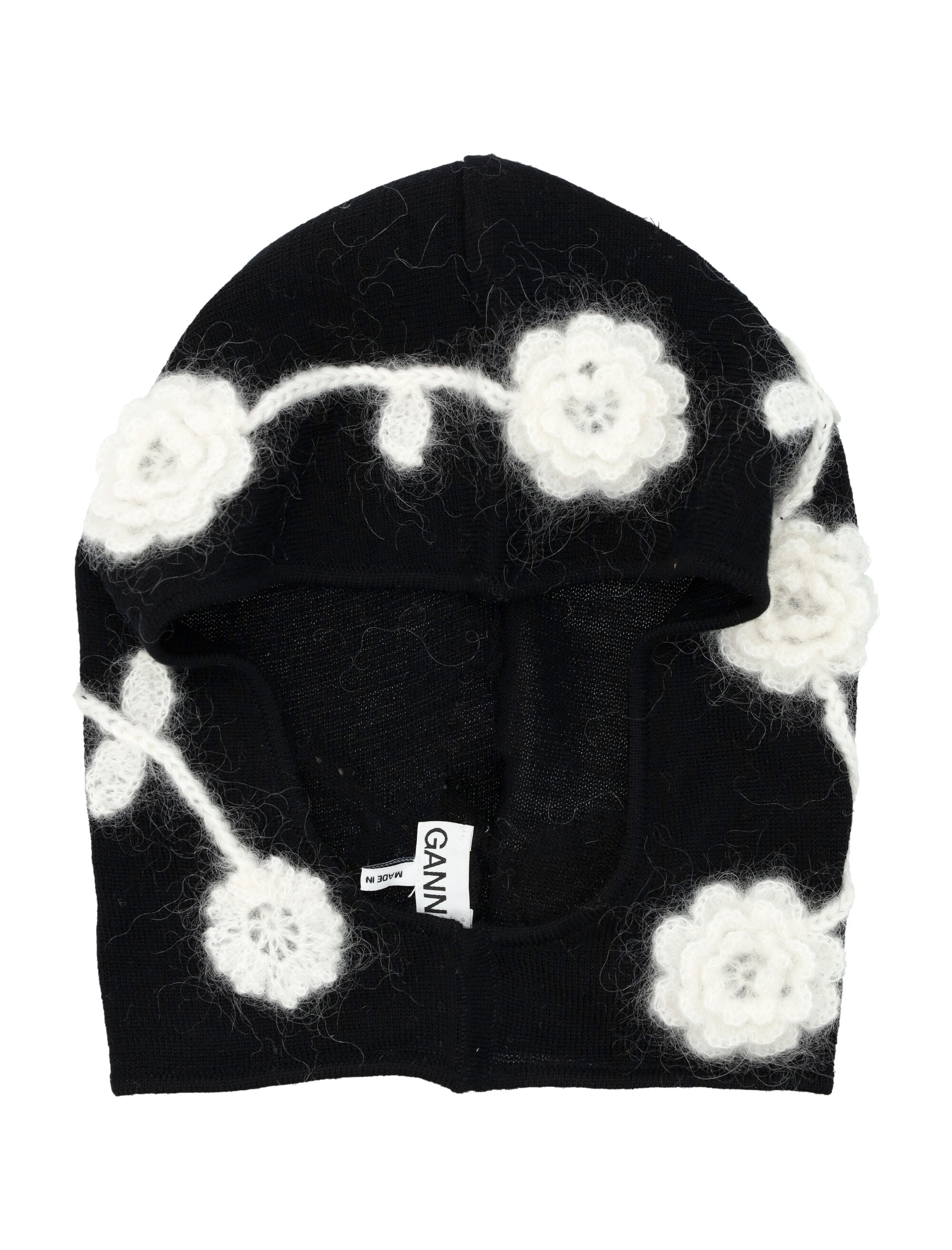 GANNI Elegant Wool Balaclava with Floral Crochet Detailing