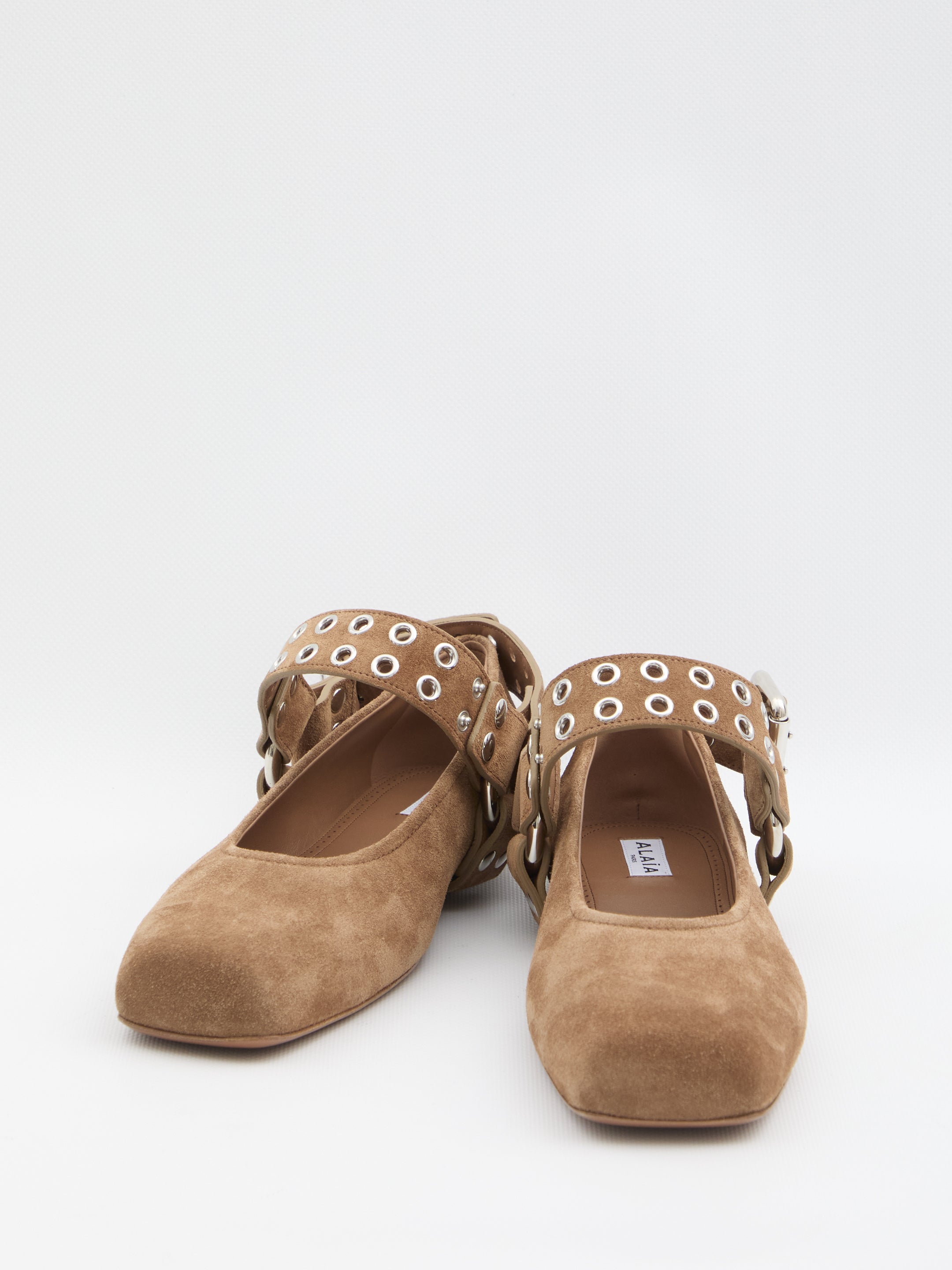 ALAIA Suede Ballet Flats with Double Tongue Buckle Closure