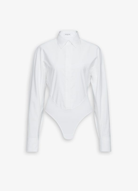 ALAIA Classic White Shirt Neck Bodysuit for Women