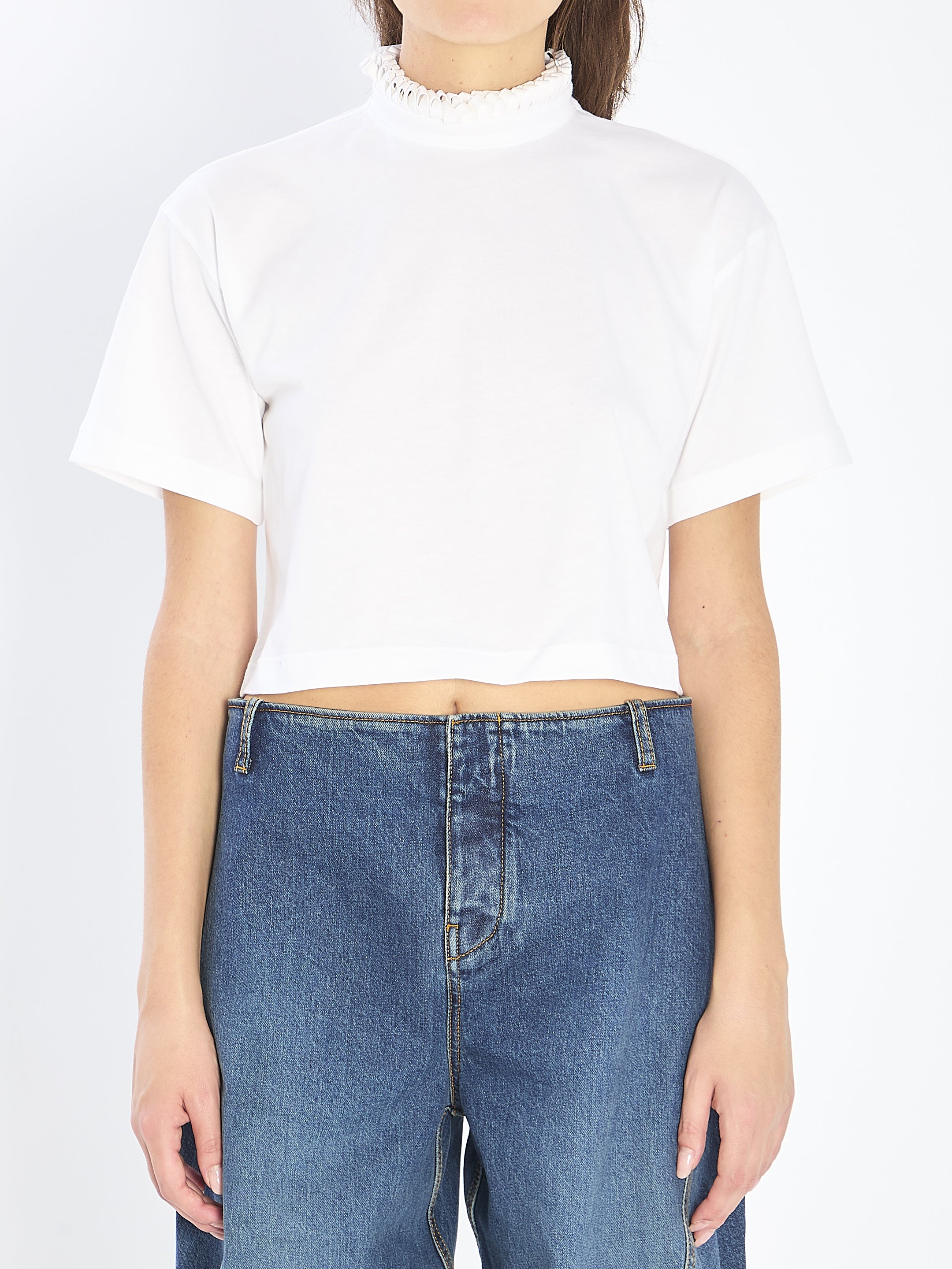 ALAIA High Neck Cropped T-Shirt with Pleated Detail - Regular Fit