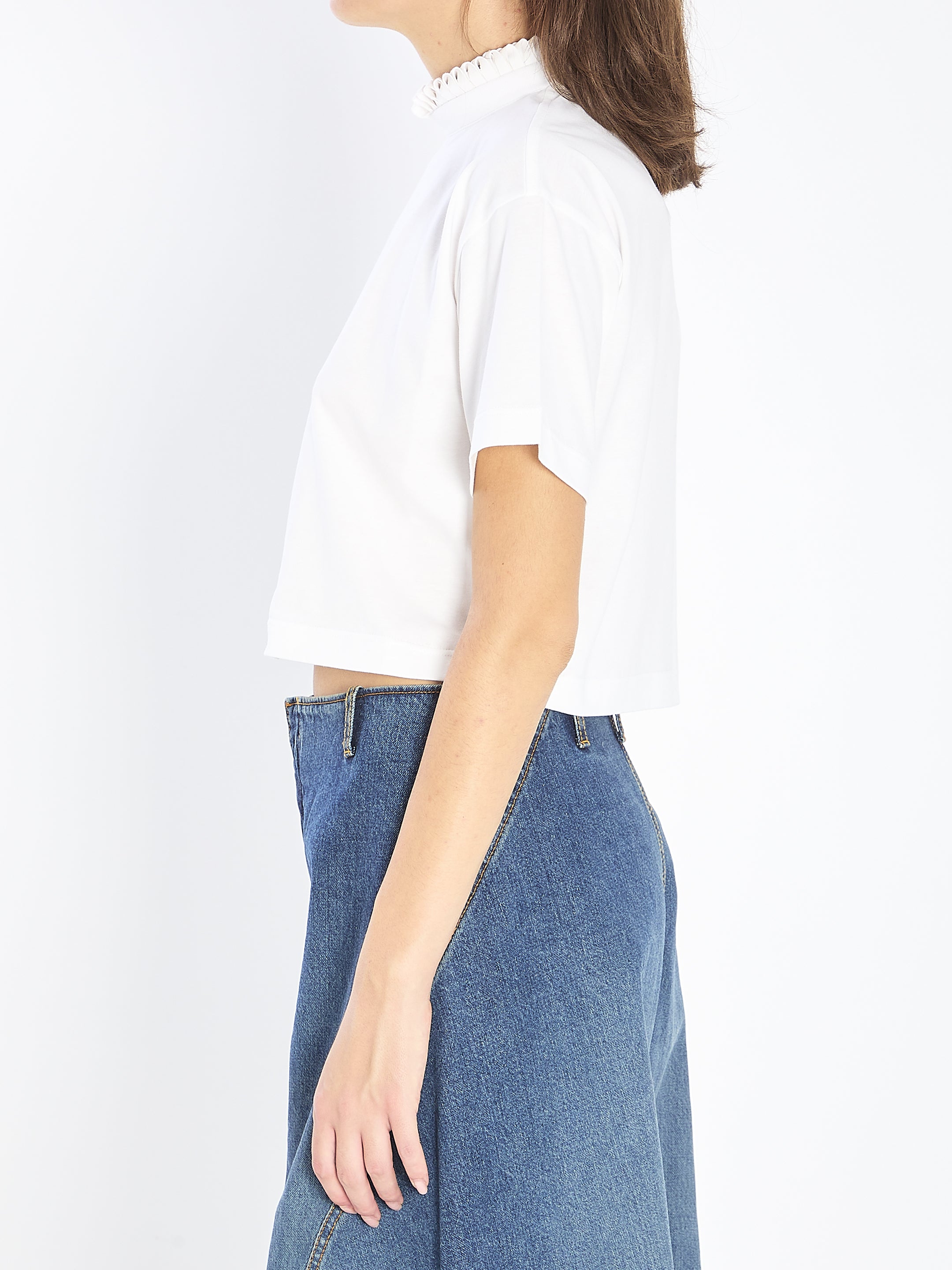 ALAIA High Neck Cropped T-Shirt with Pleated Detail - Regular Fit