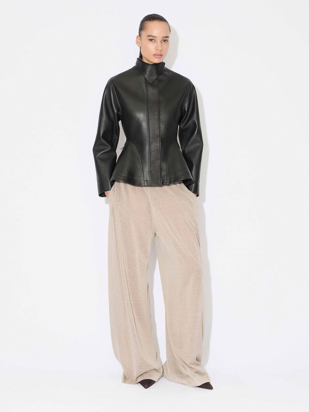ALAIA Peplum Jacket in Washed Lambskin Leather