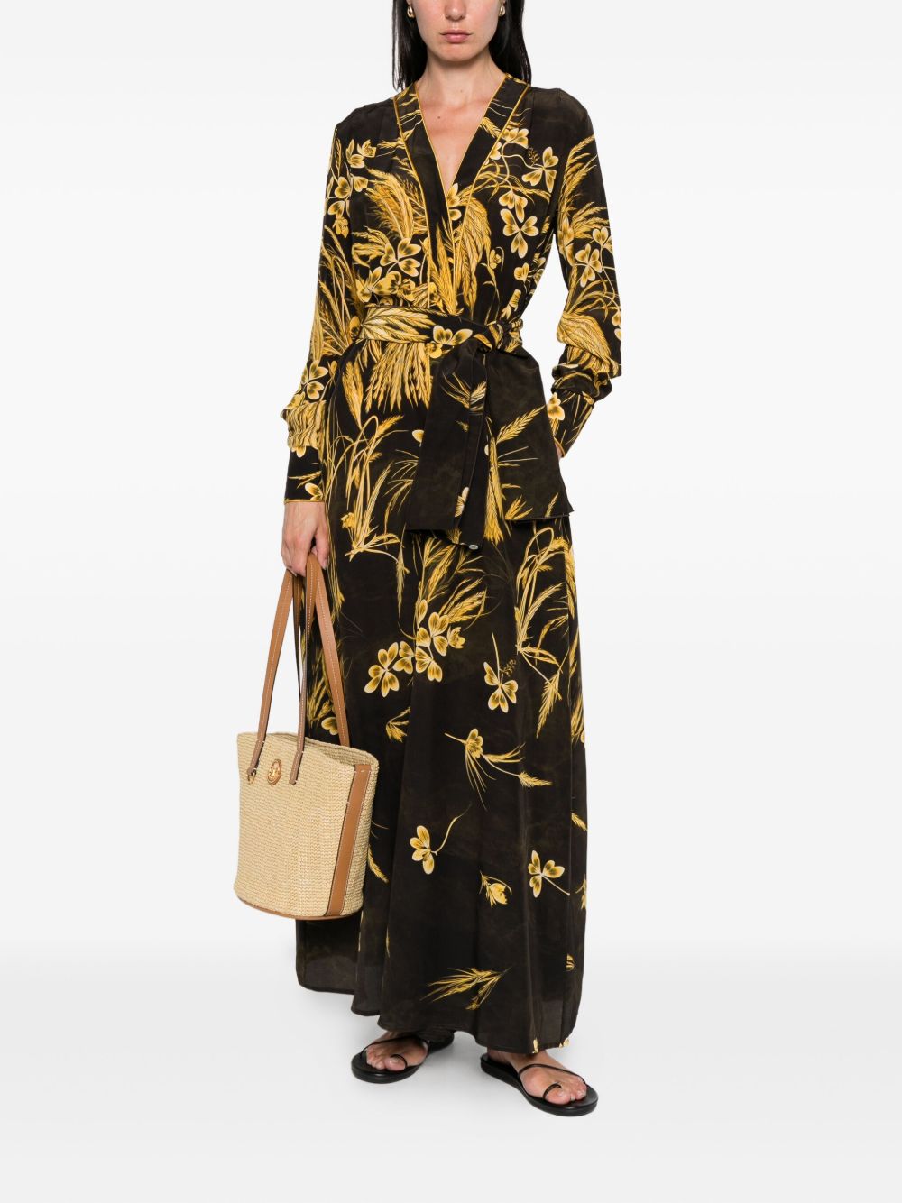 F.R.S FOR RESTLESS SLEEPERS Silk Blend Printed Maxi Dress with V-Neck and Long Sleeves