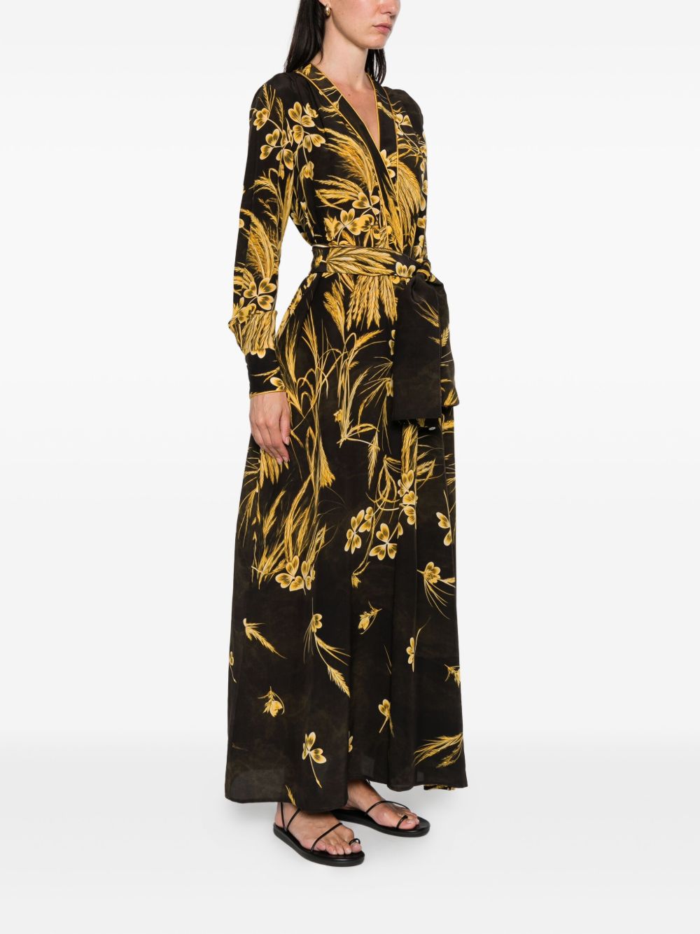 F.R.S FOR RESTLESS SLEEPERS Silk Blend Printed Maxi Dress with V-Neck and Long Sleeves