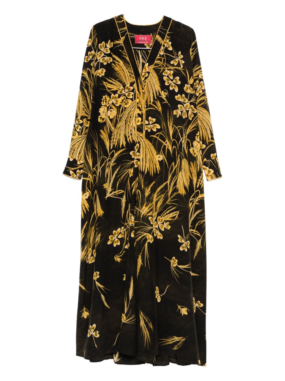 F.R.S FOR RESTLESS SLEEPERS Silk Blend Printed Maxi Dress with V-Neck and Long Sleeves