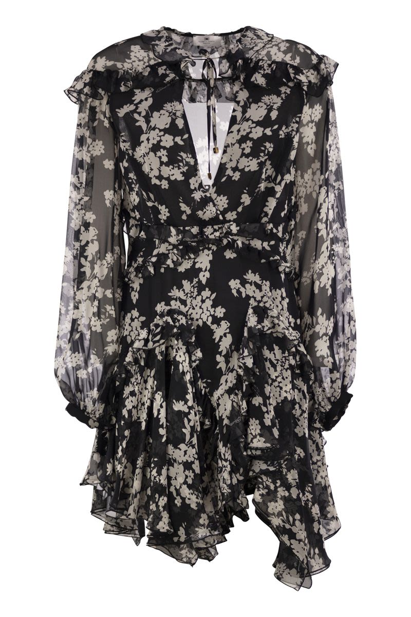 ELISABETTA FRANCHI Floral Printed Silk Maxi Dress with Ruffles