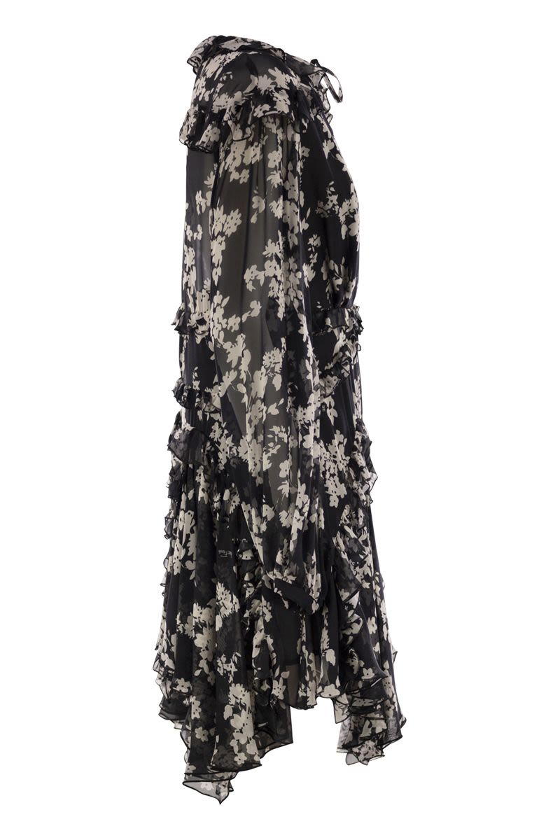 ELISABETTA FRANCHI Floral Printed Silk Maxi Dress with Ruffles