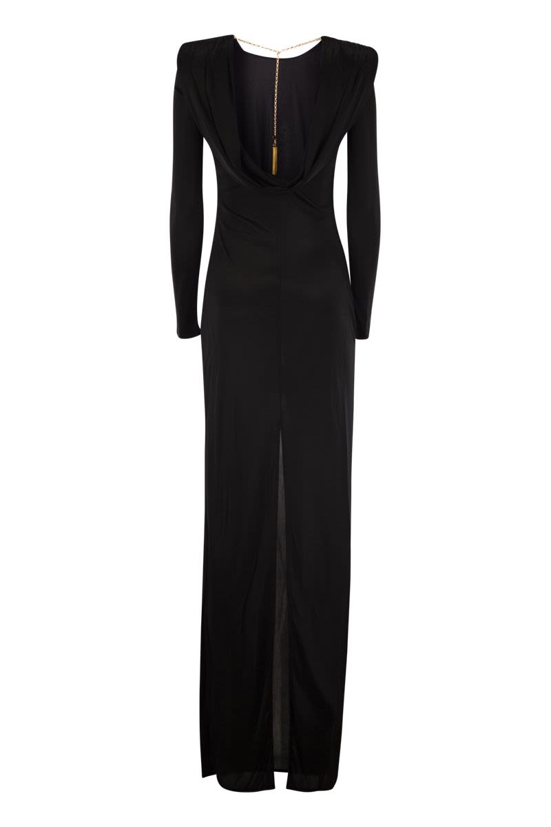 ELISABETTA FRANCHI Red Carpet Mini Dress with Back Drape and Chain Detail