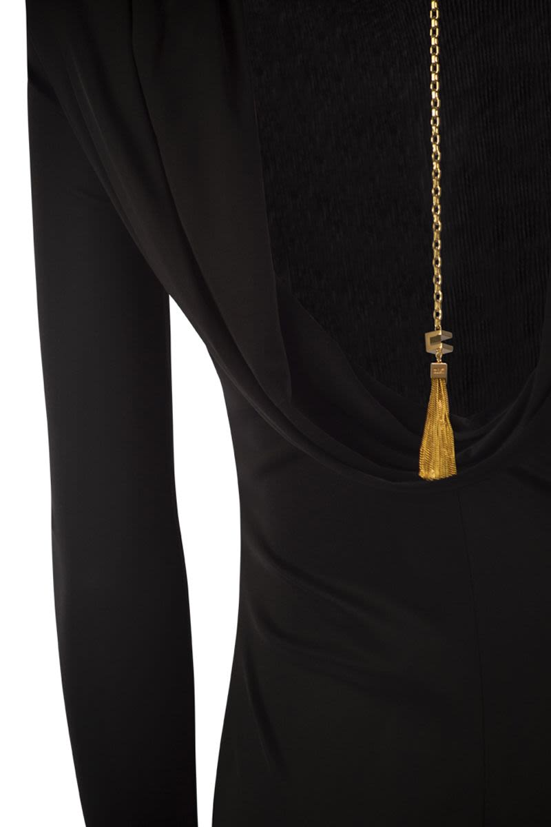 ELISABETTA FRANCHI Red Carpet Mini Dress with Back Drape and Chain Detail