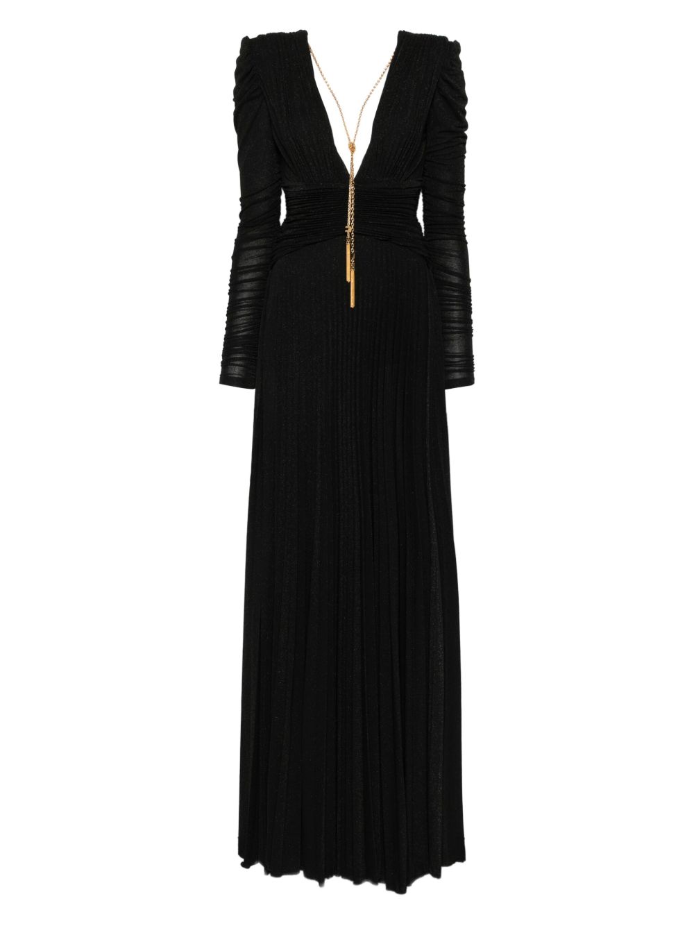 ELISABETTA FRANCHI V-Necked Long Dress with Pleated Skirt and Chain Embellishment