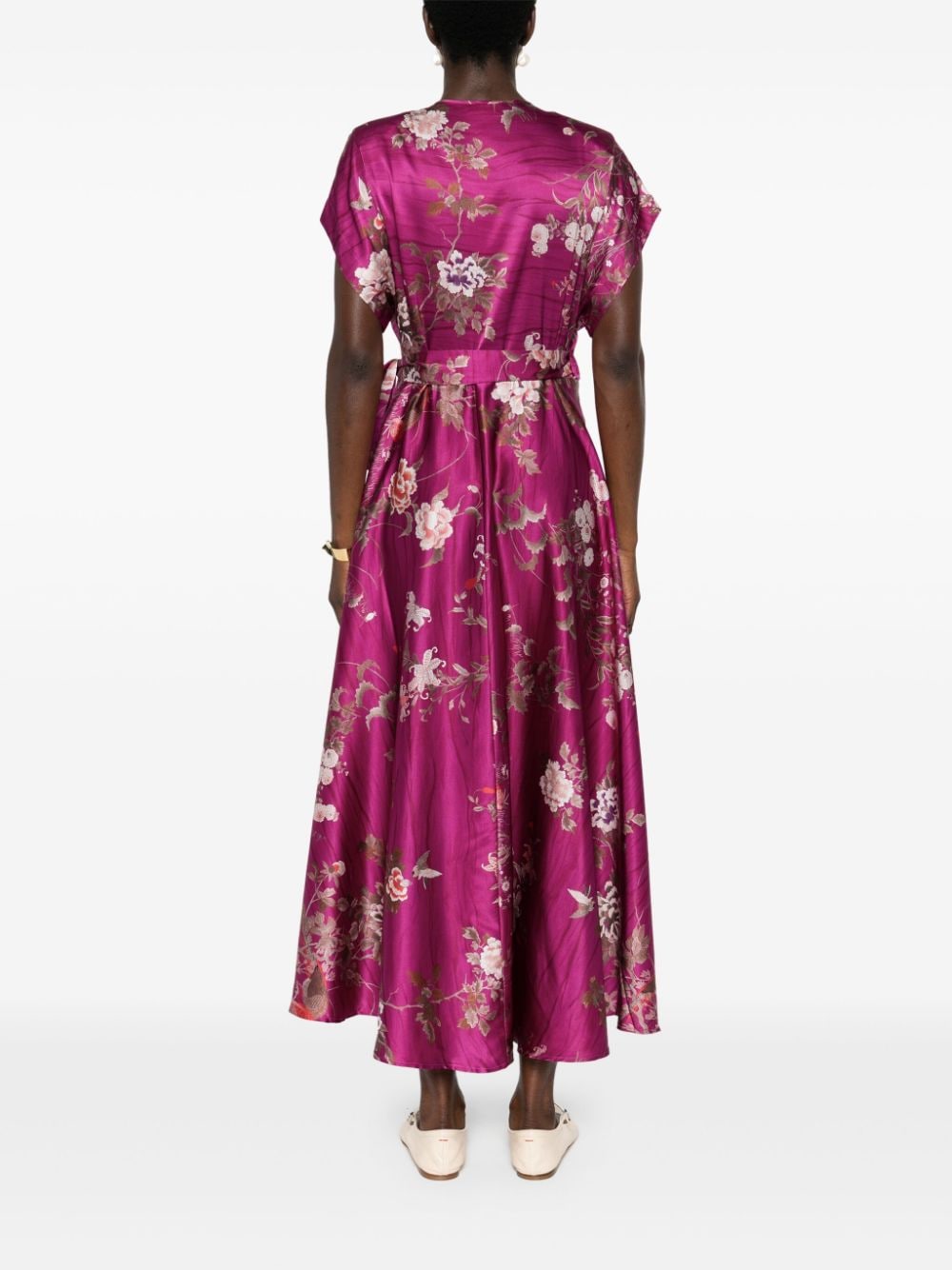 PIERRE LOUIS MASCIA Floral Print Silk Long Dress with V-Neck and Shoulder Pads
