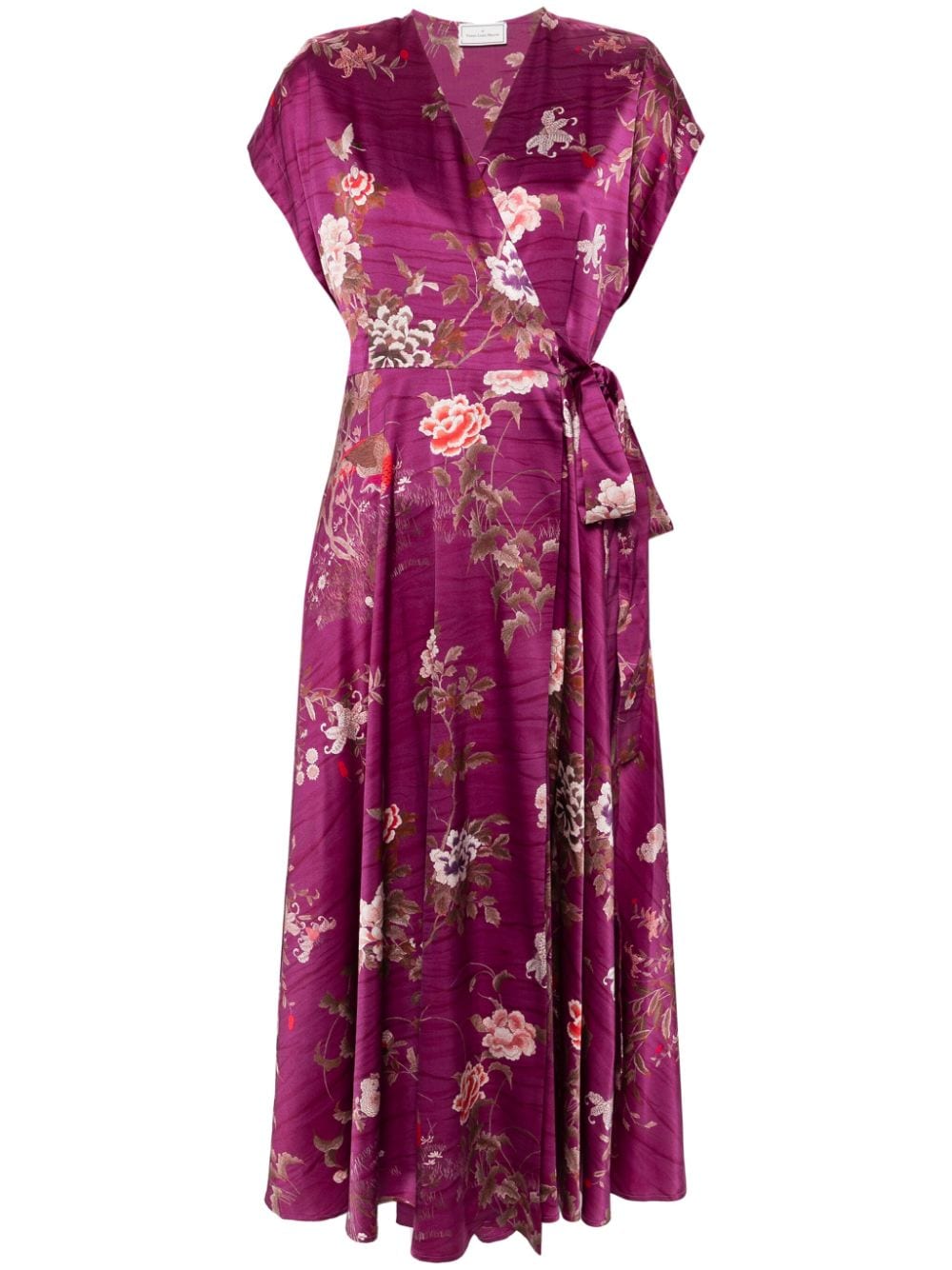 PIERRE LOUIS MASCIA Floral Print Silk Long Dress with V-Neck and Shoulder Pads
