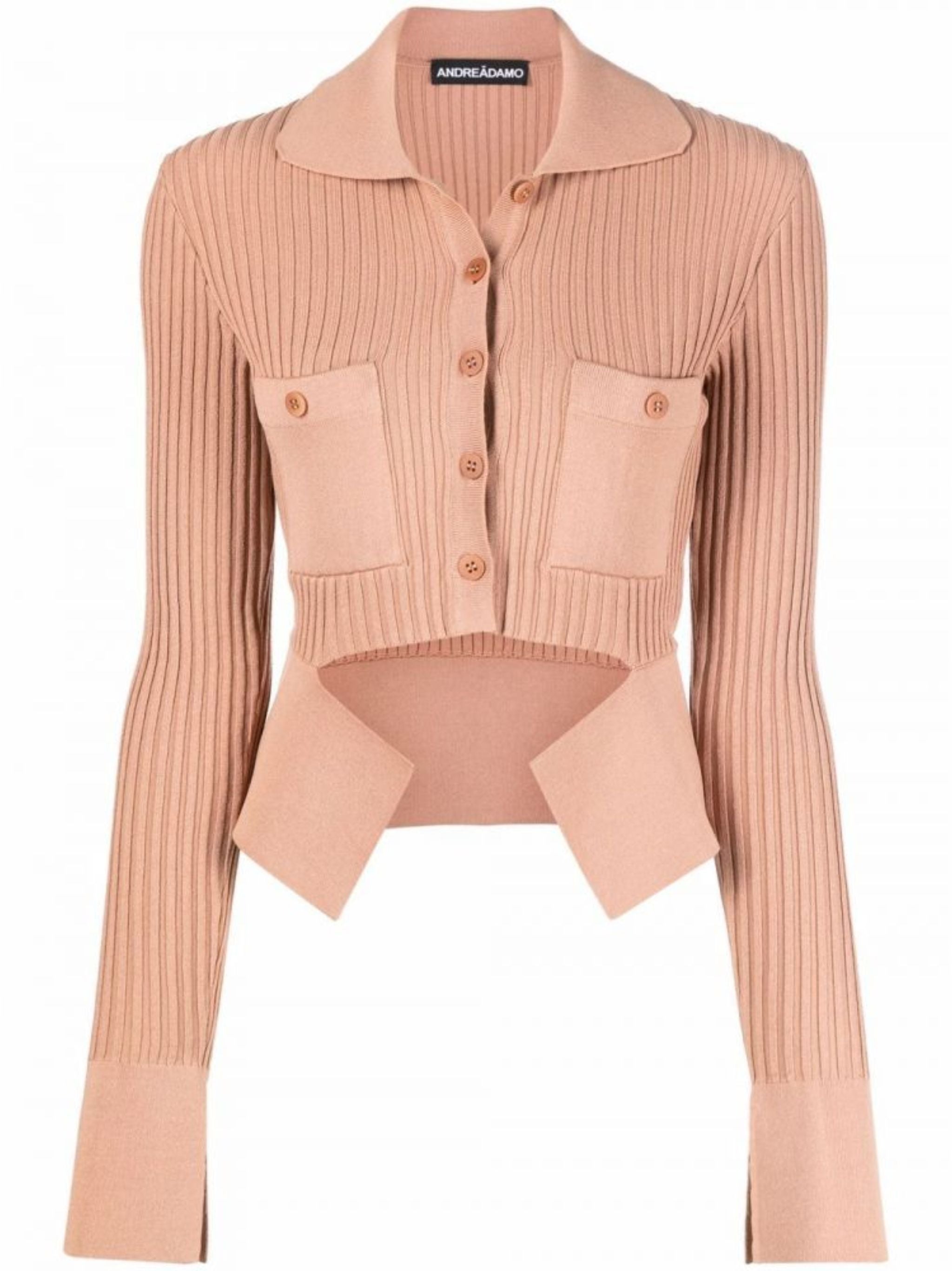 ANDREADAMO Ribbed-Knit Mini Cardigan with Cut-Out Pocket