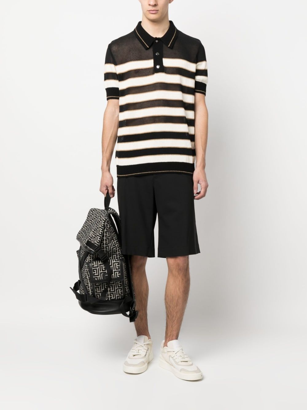 BALMAIN Classic Stripe Knit Polo Shirt