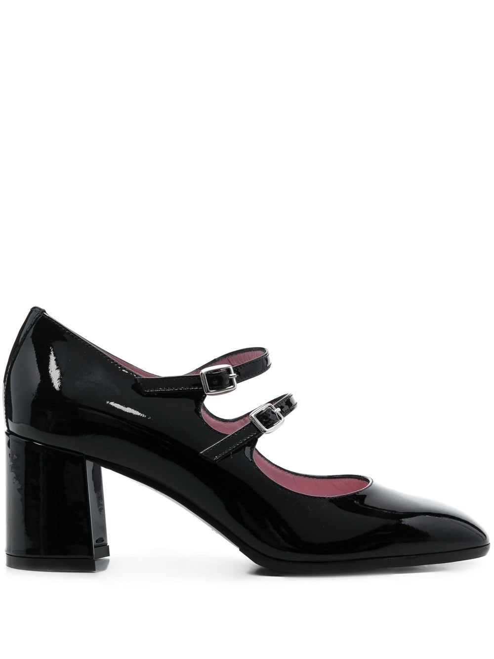 CAREL PARIS Patent Leather Double-Strap Pumps with Mid Block Heel