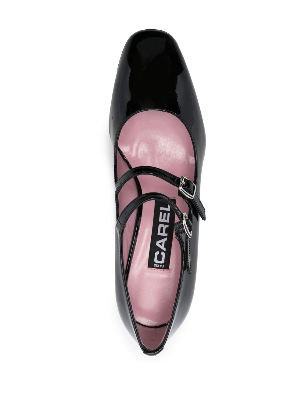 CAREL PARIS Patent Leather Double-Strap Pumps with Mid Block Heel