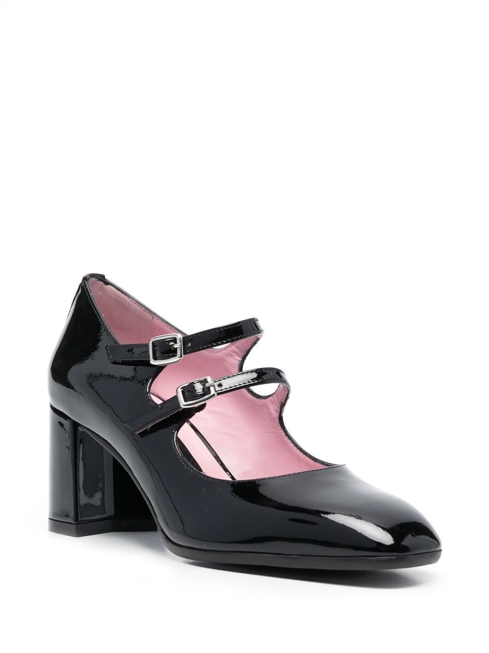 CAREL PARIS Patent Leather Double-Strap Pumps with Mid Block Heel