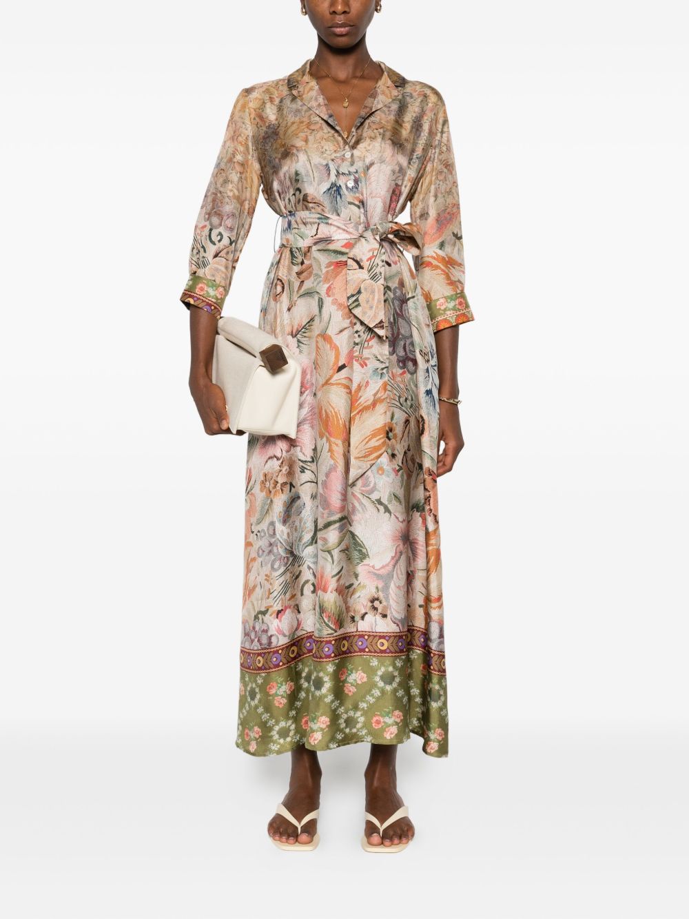PIERRE LOUIS MASCIA Printed Silk Long Dress with Belted Waist for Women - FW25