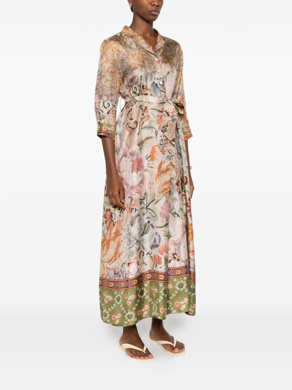 PIERRE LOUIS MASCIA Printed Silk Long Dress with Belted Waist for Women - FW25