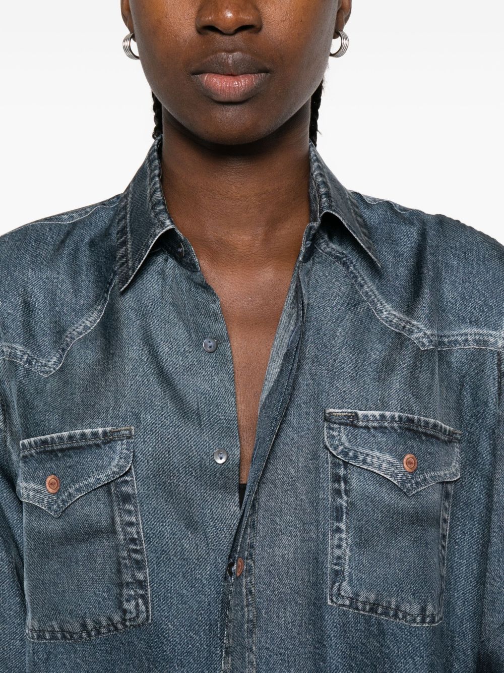 PIERRE LOUIS MASCIA Denim Print Silk Shirt with Long Sleeves and Flap Pockets