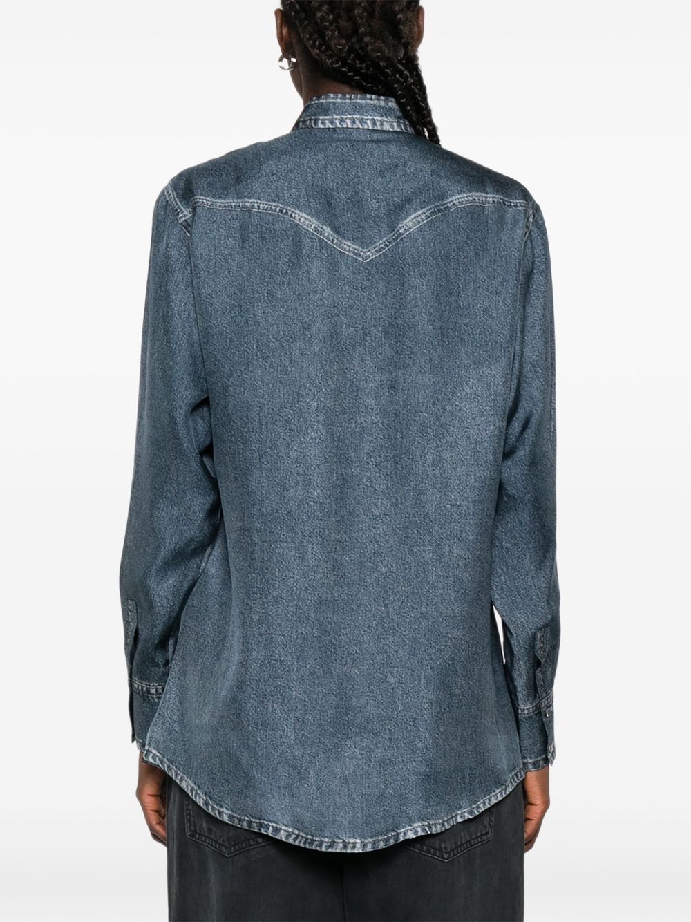 PIERRE LOUIS MASCIA Denim Print Silk Shirt with Long Sleeves and Flap Pockets
