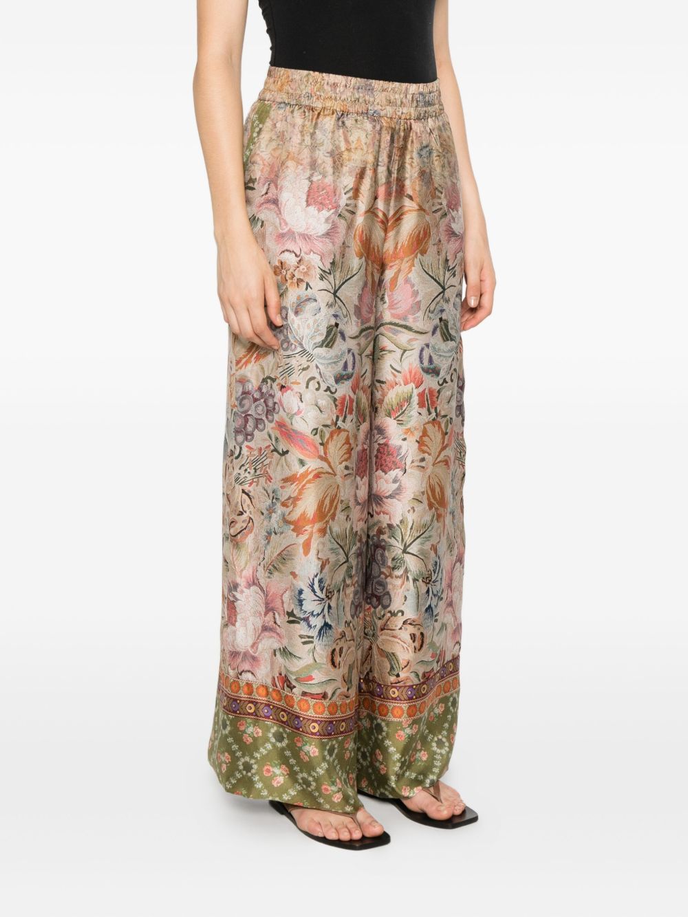PIERRE LOUIS MASCIA Floral Printed Silk Trousers with Elasticated Waistband