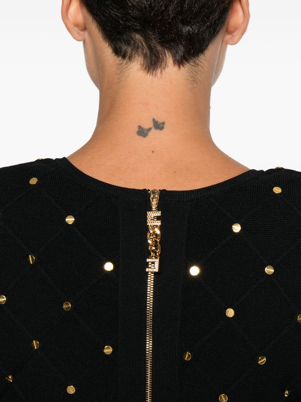 ELISABETTA FRANCHI Elegant Knit Mini Dress with Gold Embellishments