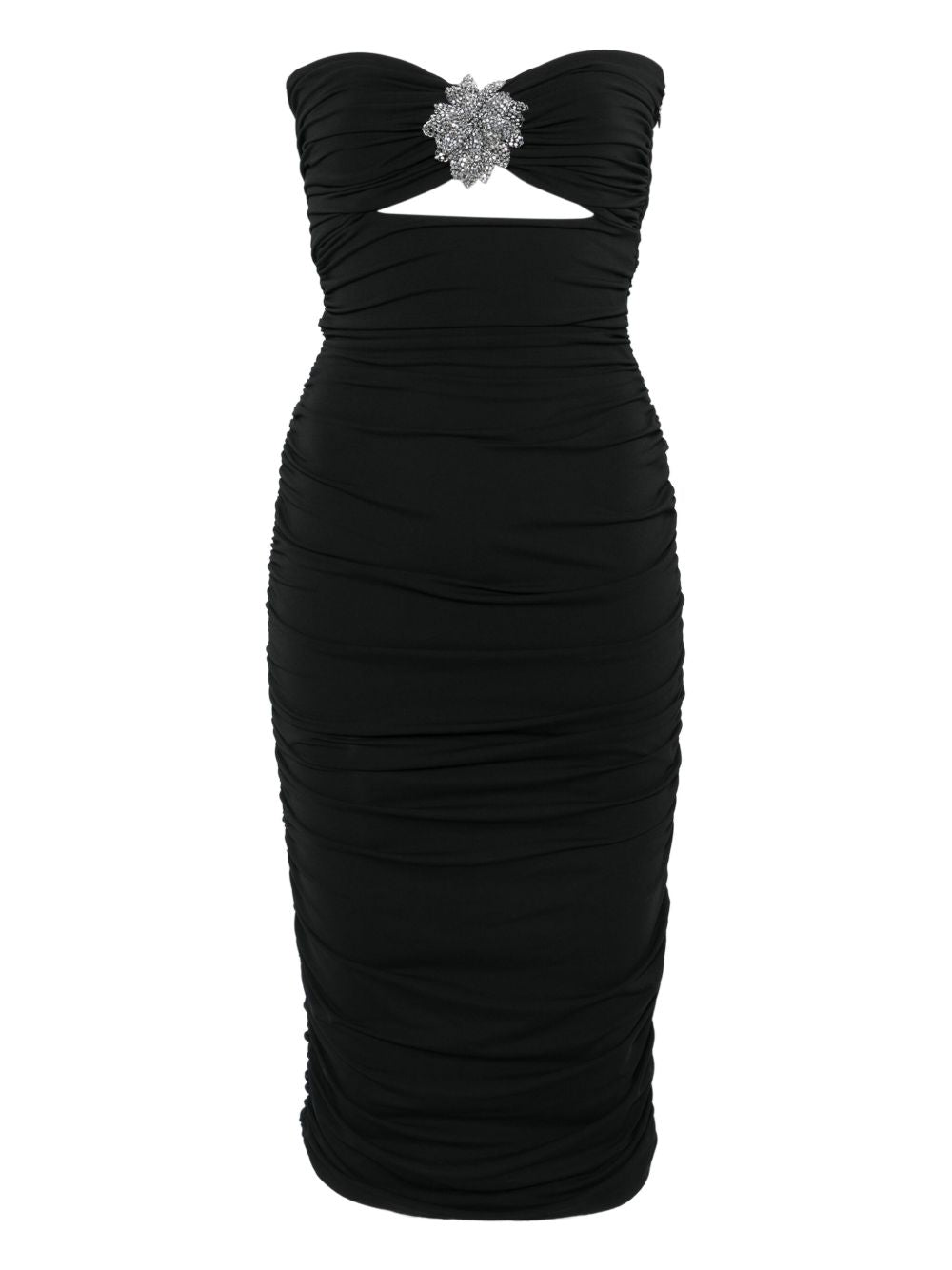 AMEN Elegant Strapless Midi Dress with Jewel Flower Accent