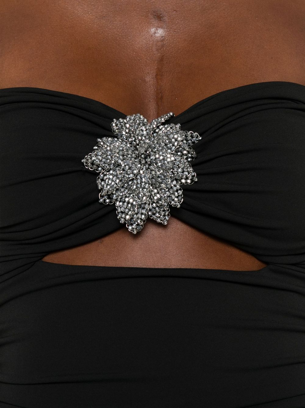 AMEN Elegant Strapless Midi Dress with Jewel Flower Accent