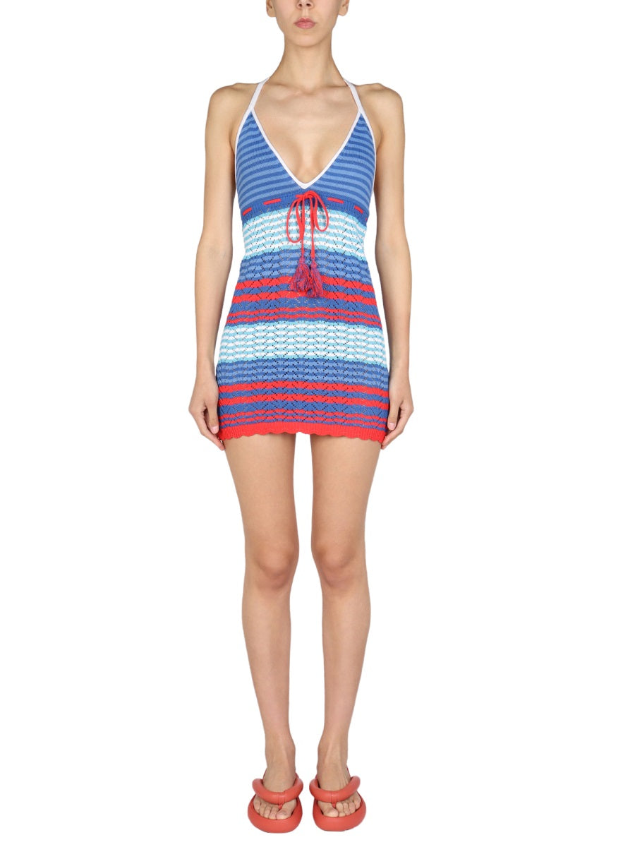 GALLO 1927 Chic Mini Striped Dress with V-Neck and Back Knot Closure