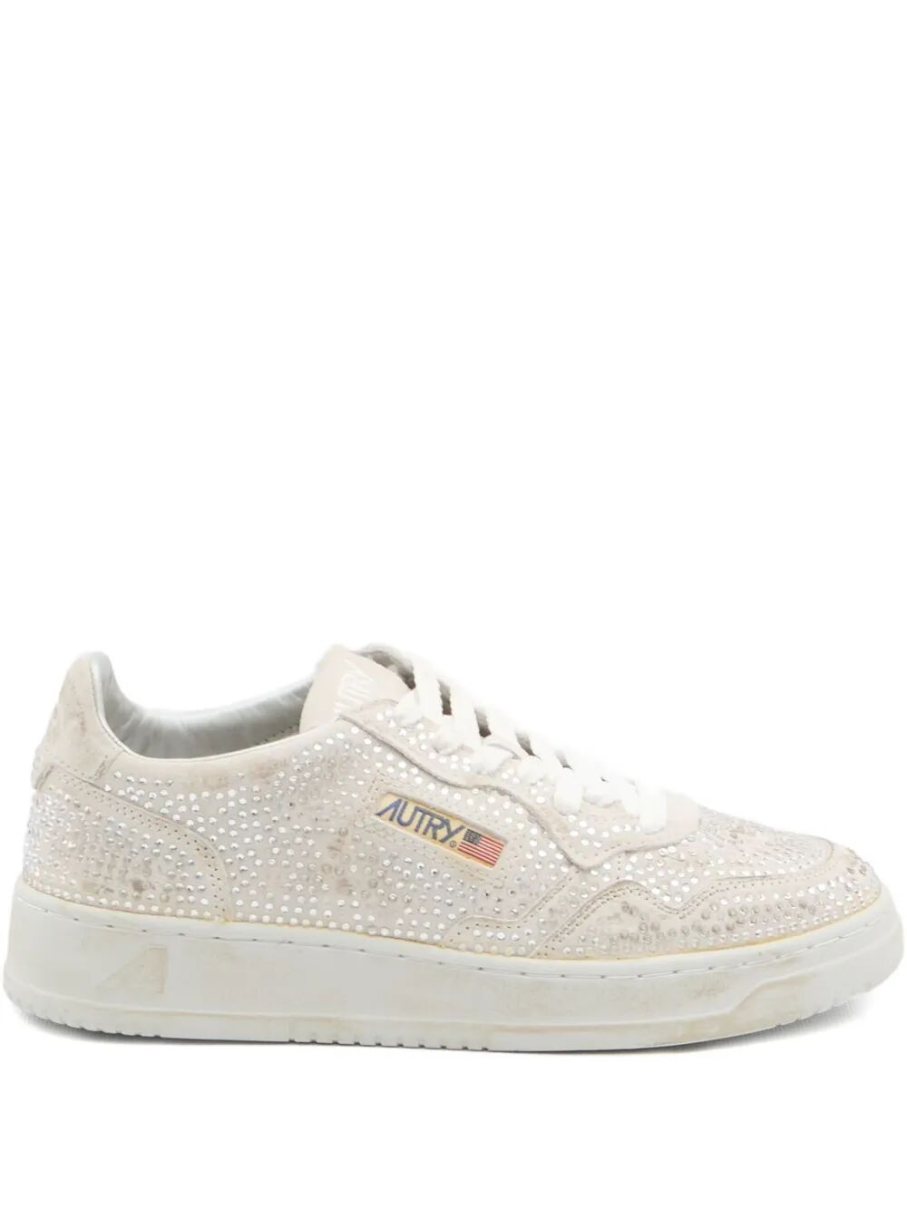 AUTRY Worn-Out Effect Suede Low Sneakers with Rhinestones