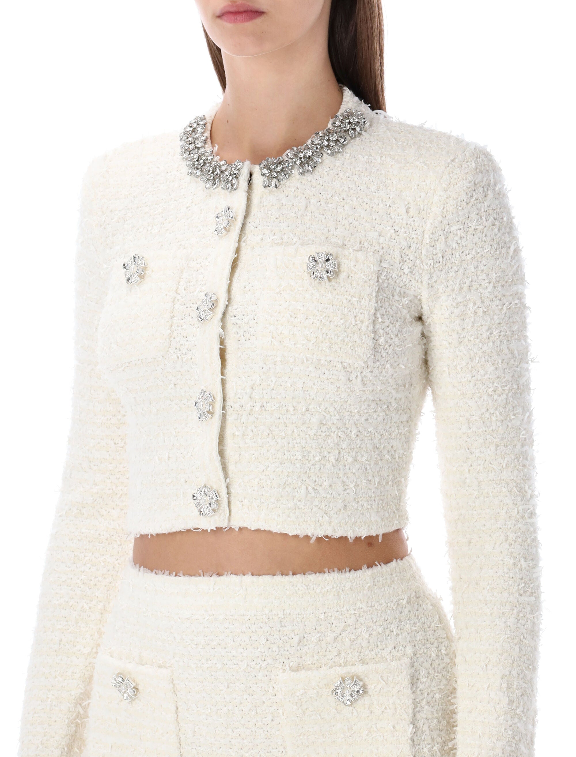 SELF-PORTRAIT Cropped Bouclé Knit Cardigan with Crystal Buttons - Size S