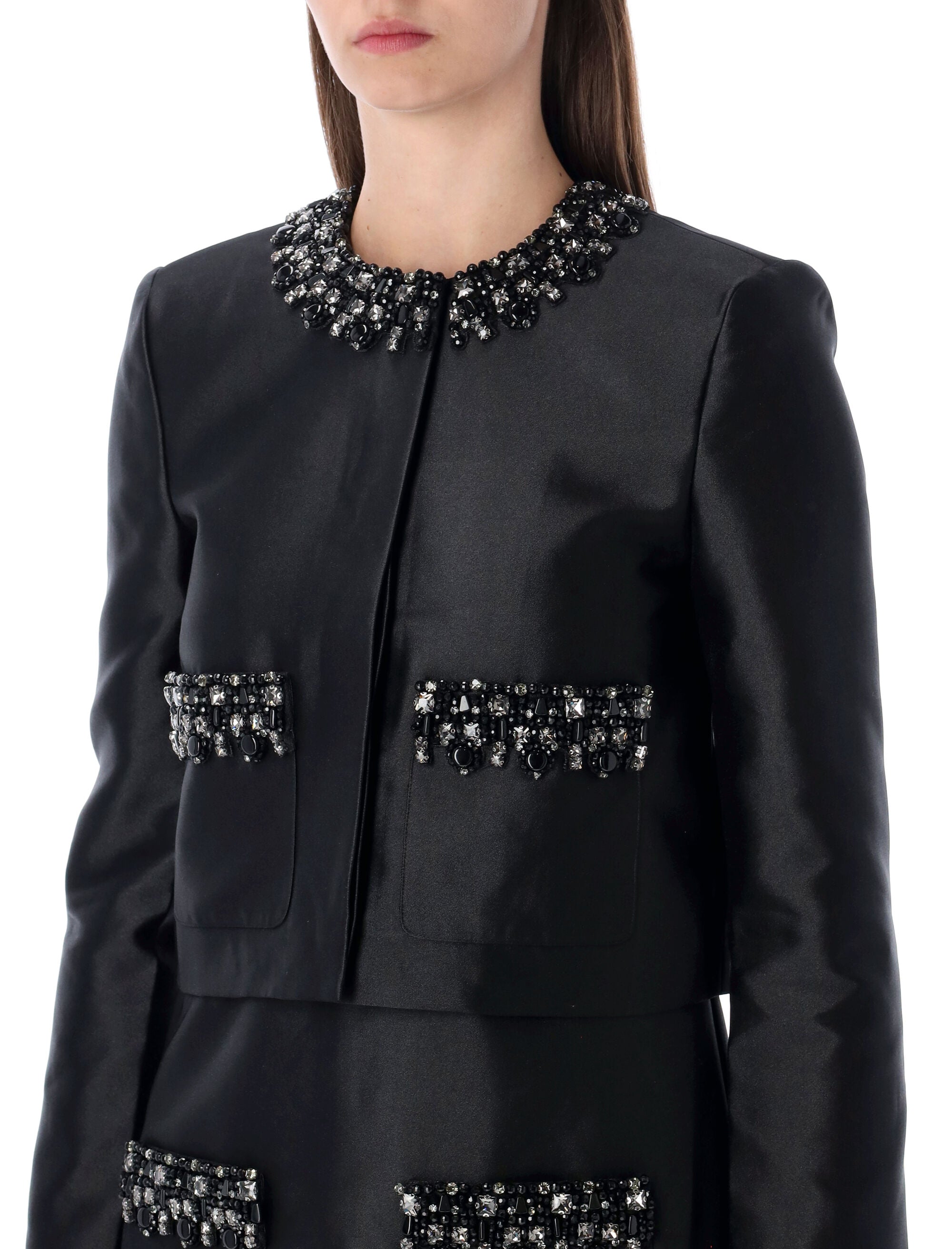 SELF-PORTRAIT Cropped Taffeta Embellished Trim Jacket - Size 8