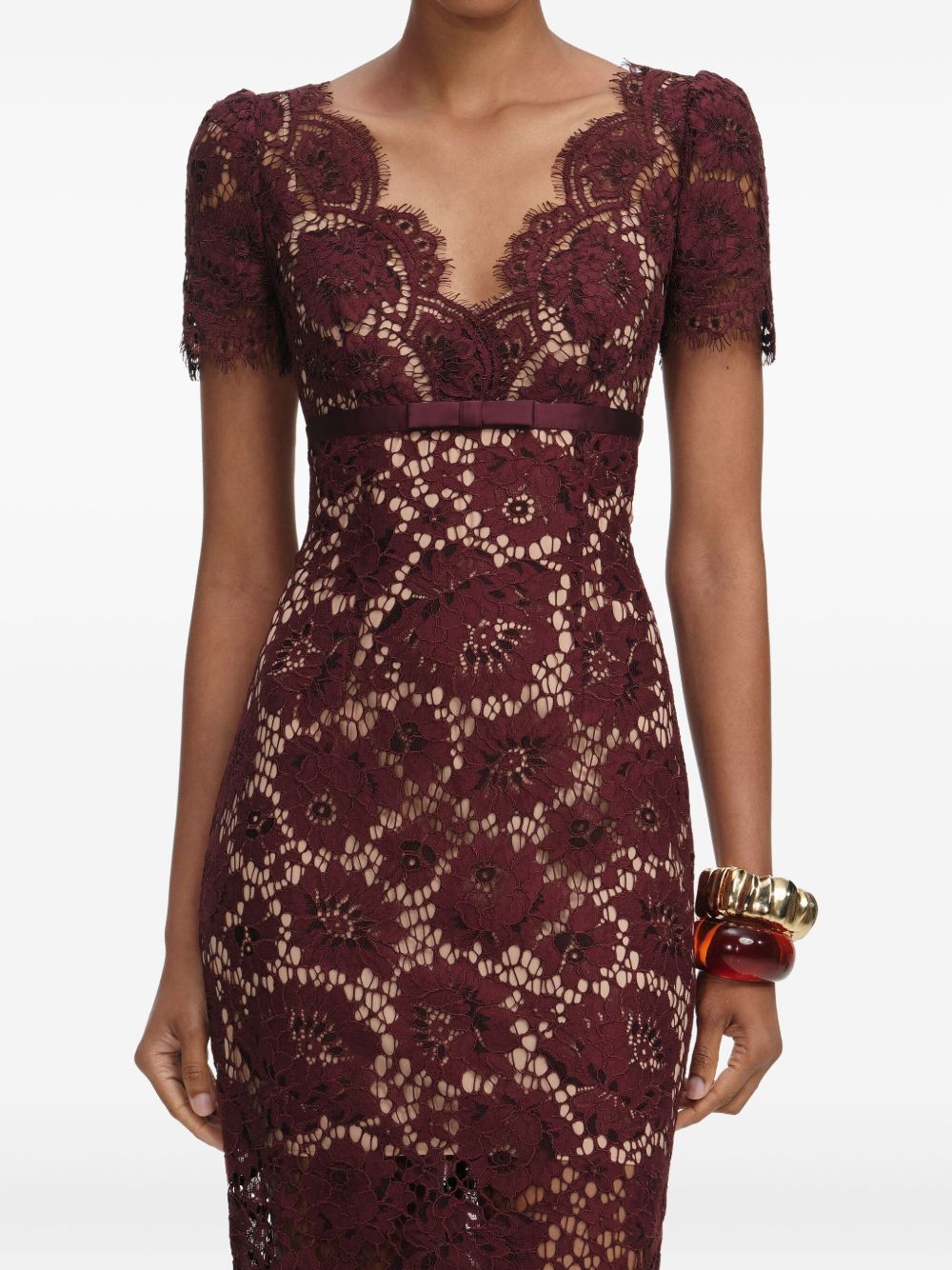 SELF-PORTRAIT V-Neck Midi Dress with Floral Lace