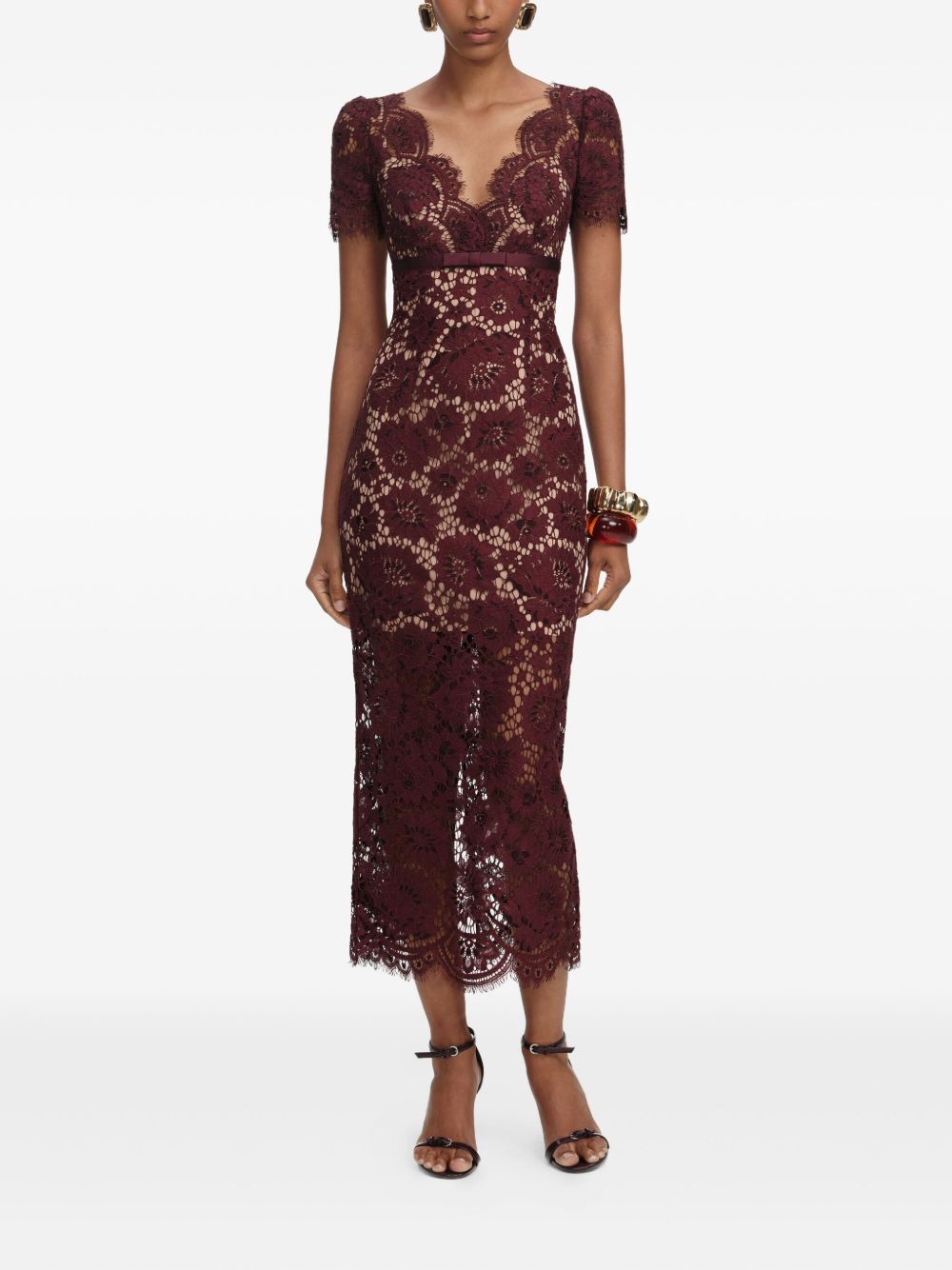 SELF-PORTRAIT V-Neck Midi Dress with Floral Lace
