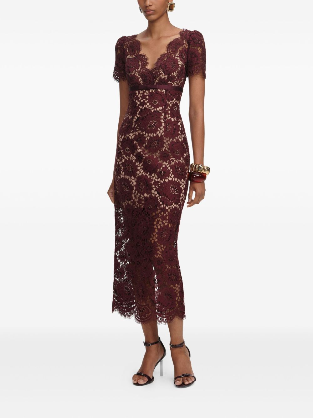 SELF-PORTRAIT V-Neck Midi Dress with Floral Lace