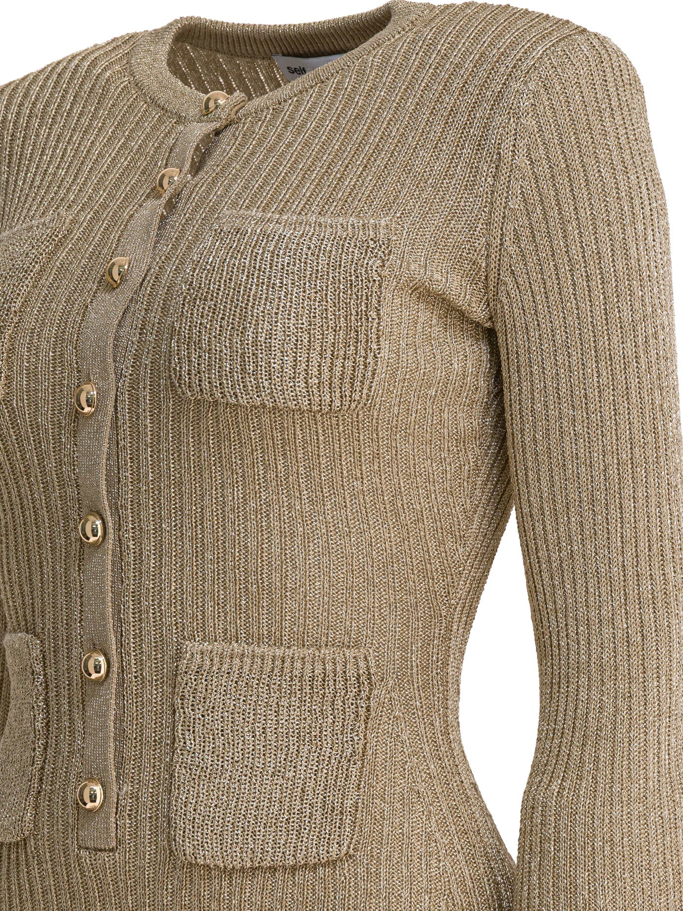 SELF-PORTRAIT Gold Lurex Knit Mini Dress with Jewel Buttons - Size S