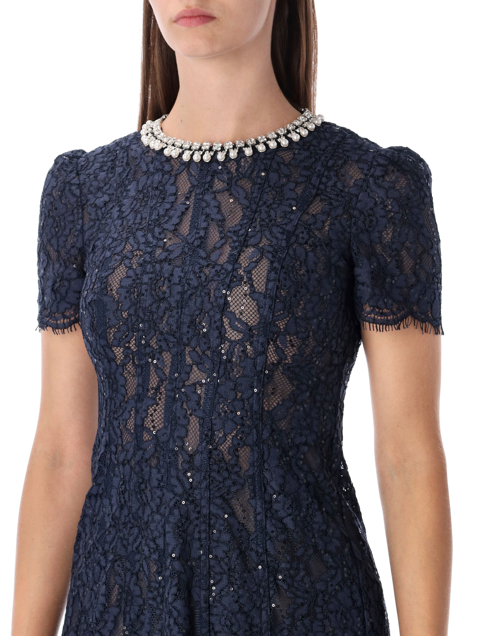 SELF-PORTRAIT Lace Midi Dress with Pearl and Crystal Embellished Collar - Size 6