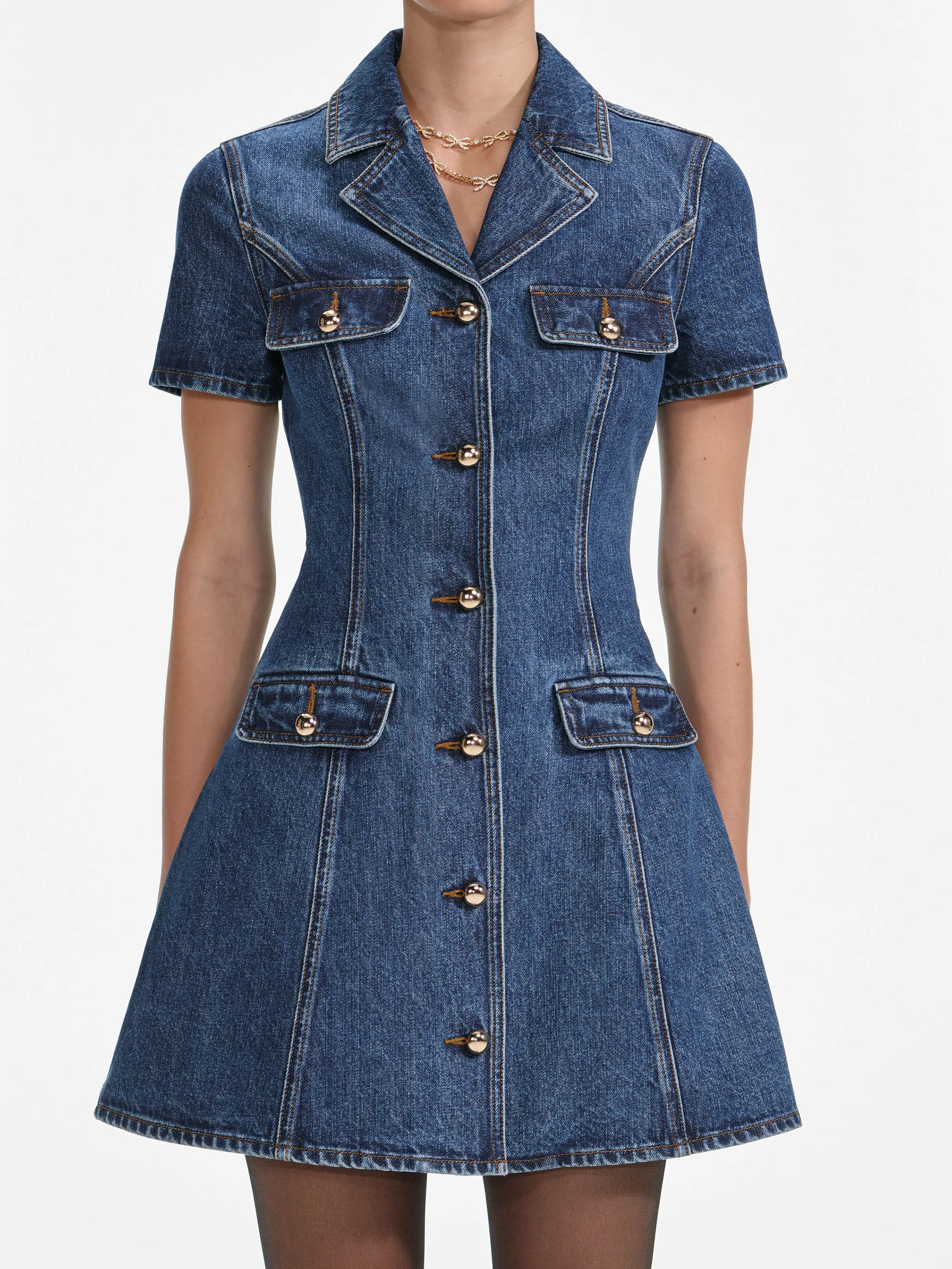 SELF-PORTRAIT Denim Mini Dress with Button Closure - Size 6