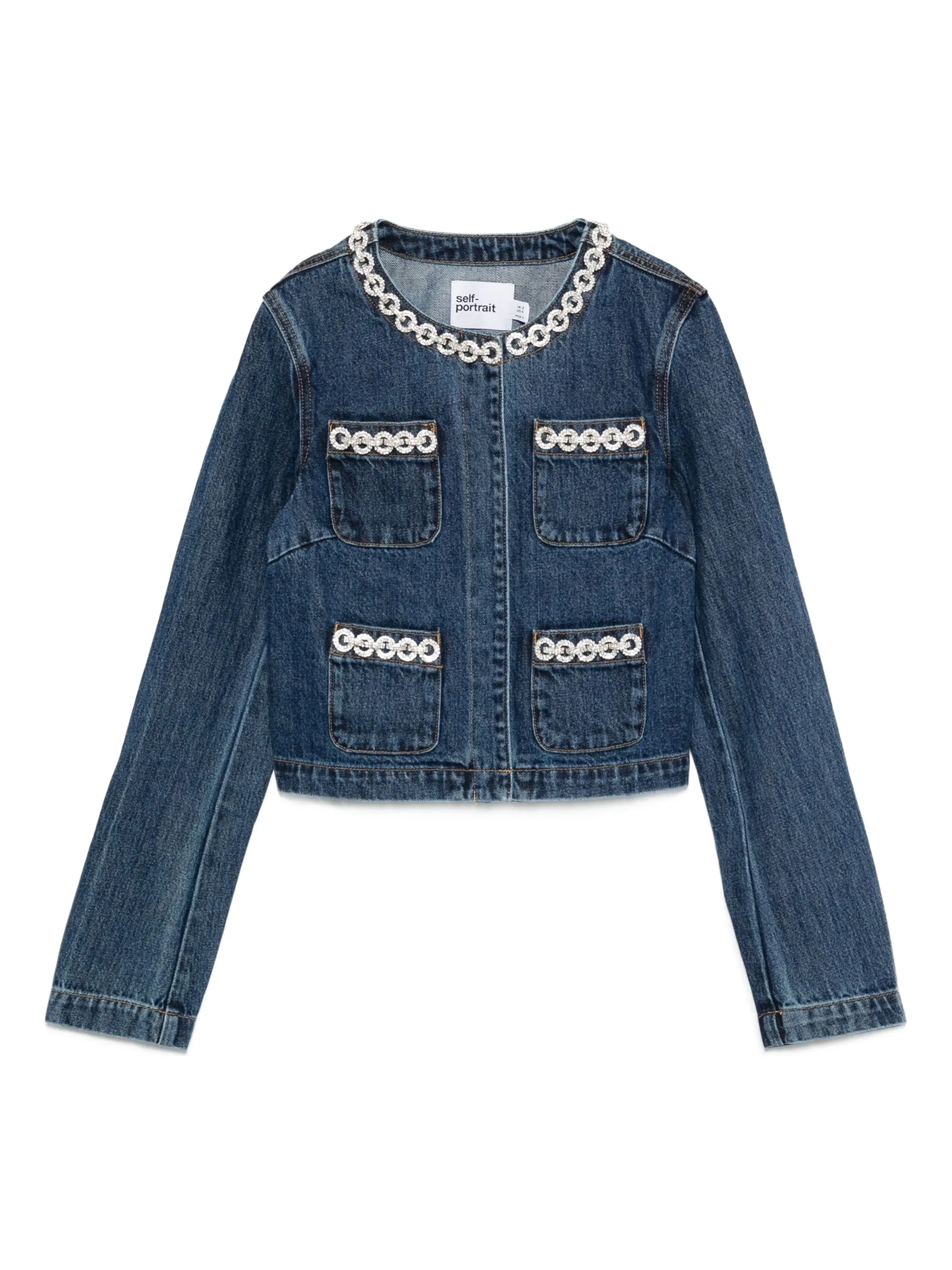 SELF-PORTRAIT Crystal Trim Denim Jacket - Size 6