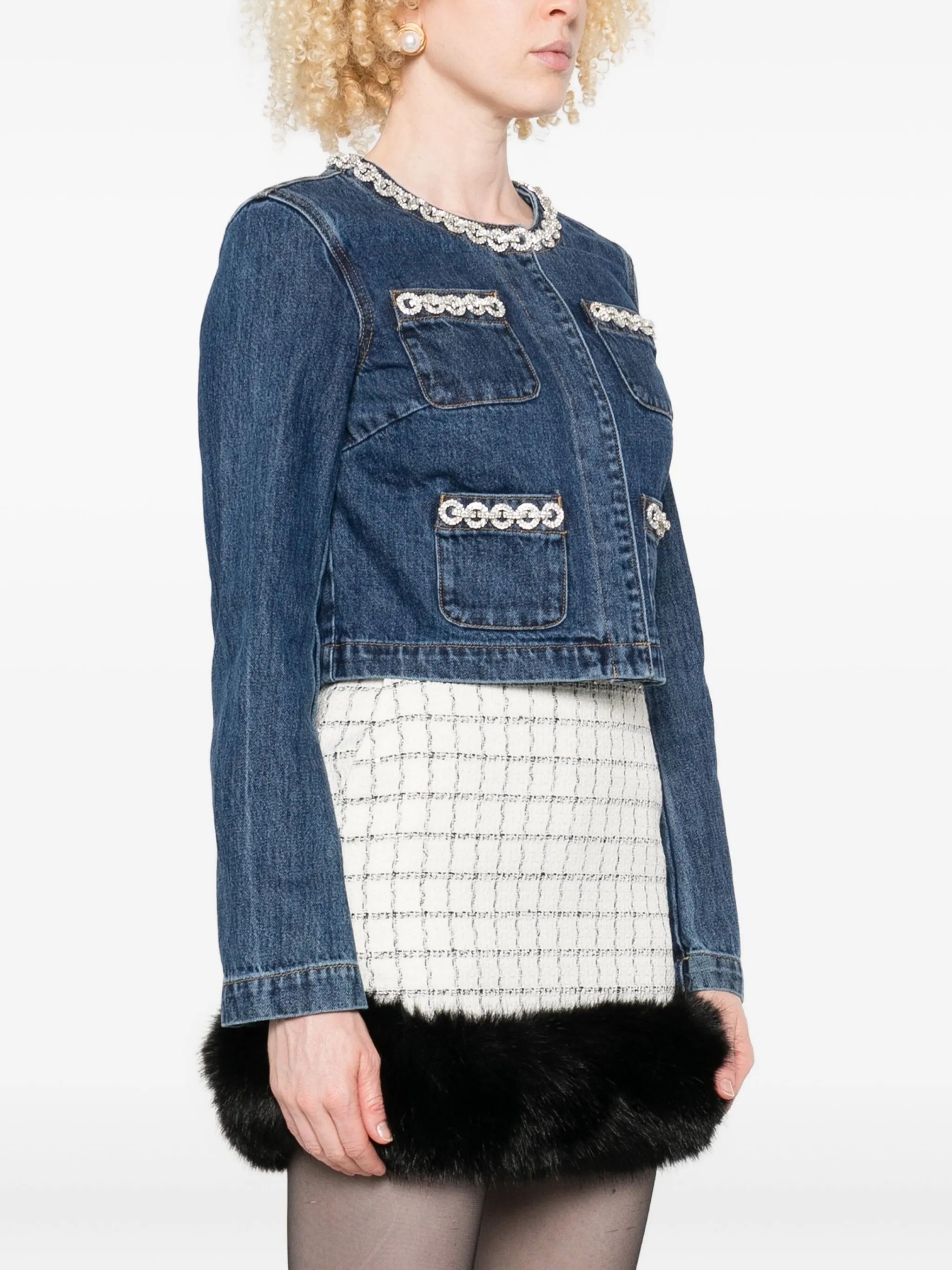 SELF-PORTRAIT Cropped Denim Jacket with Crystal Chain Trims - Size 8